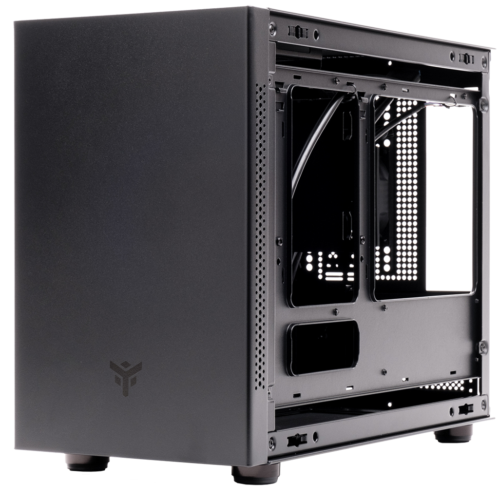 Un case per computer nero con un pannello laterale rimosso, che rivela l'interno.