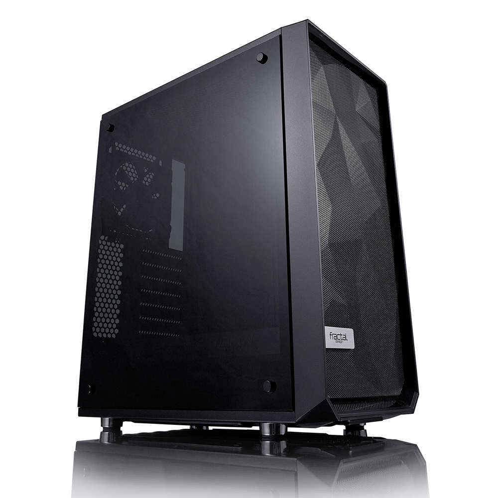 Case per PC nero, vista angolata. Pannello in vetro, logo Fractal Design. Frontale a rete.