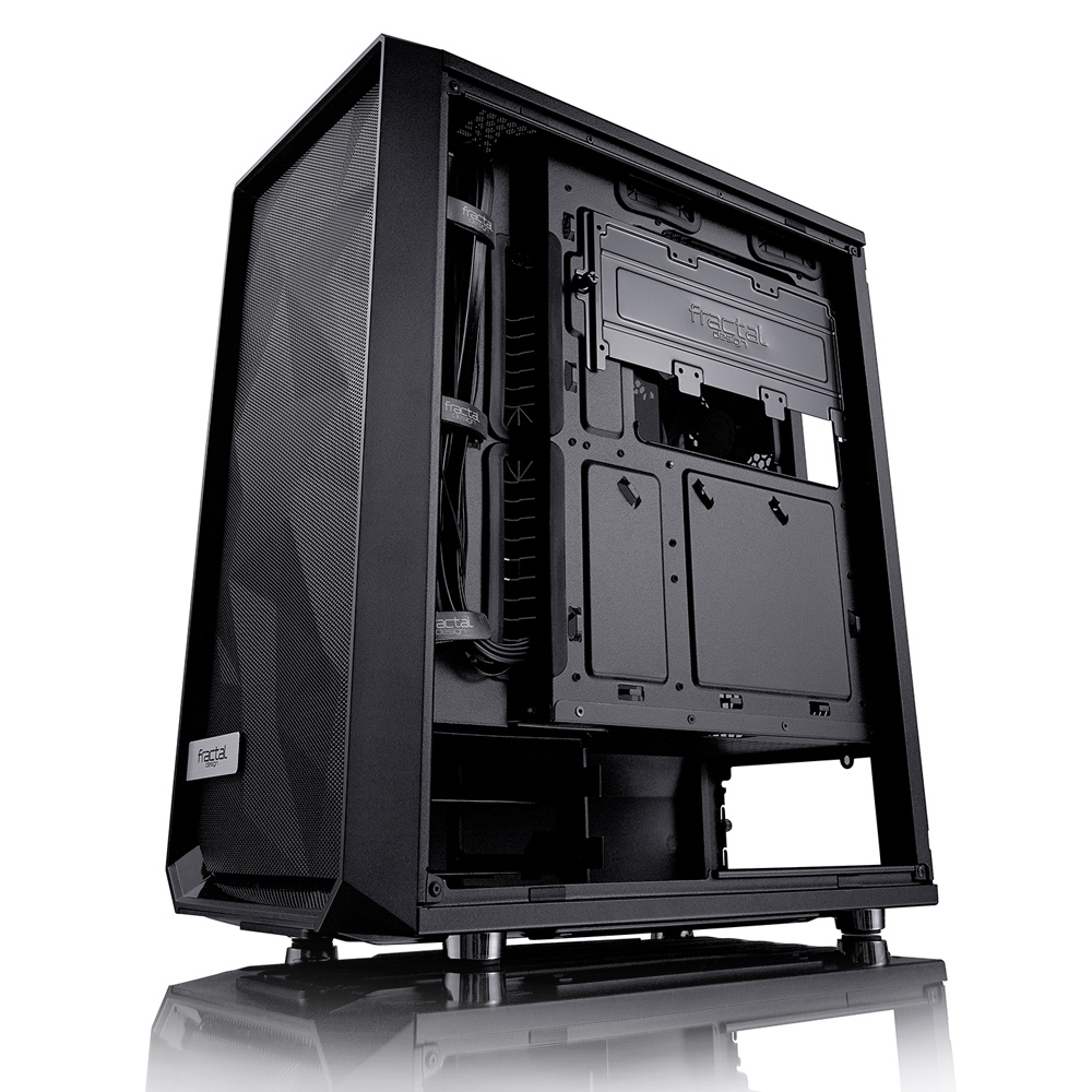 Case per computer nero con pannello laterale rimosso, che mostra l'interno. Sfondo bianco.