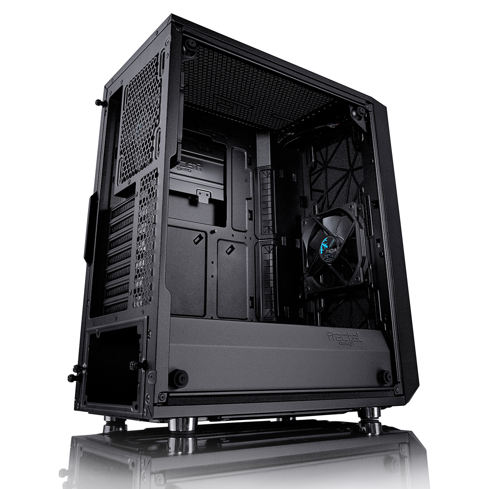 Interno del case per computer, nero, con una ventola e vari punti di montaggio per i componenti.