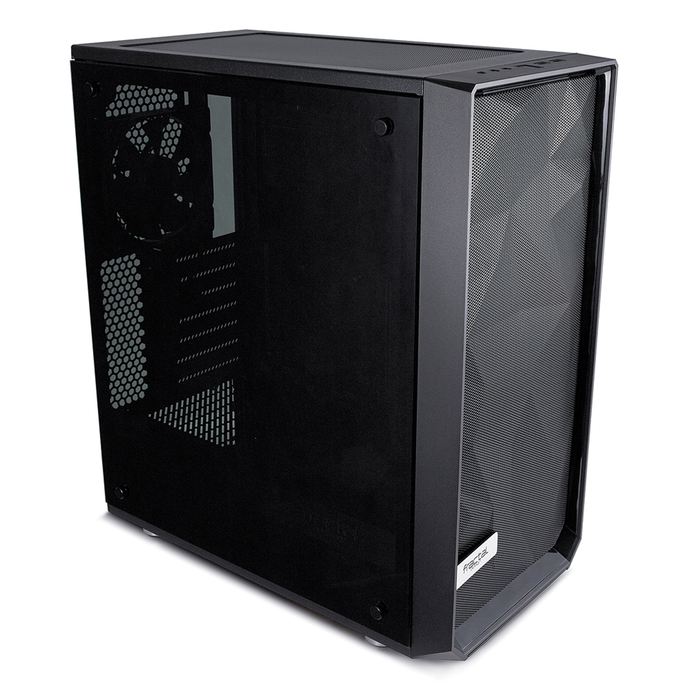 Case per computer nero con pannello laterale in vetro. Griglia frontale, logo bianco. Case su superficie bianca.