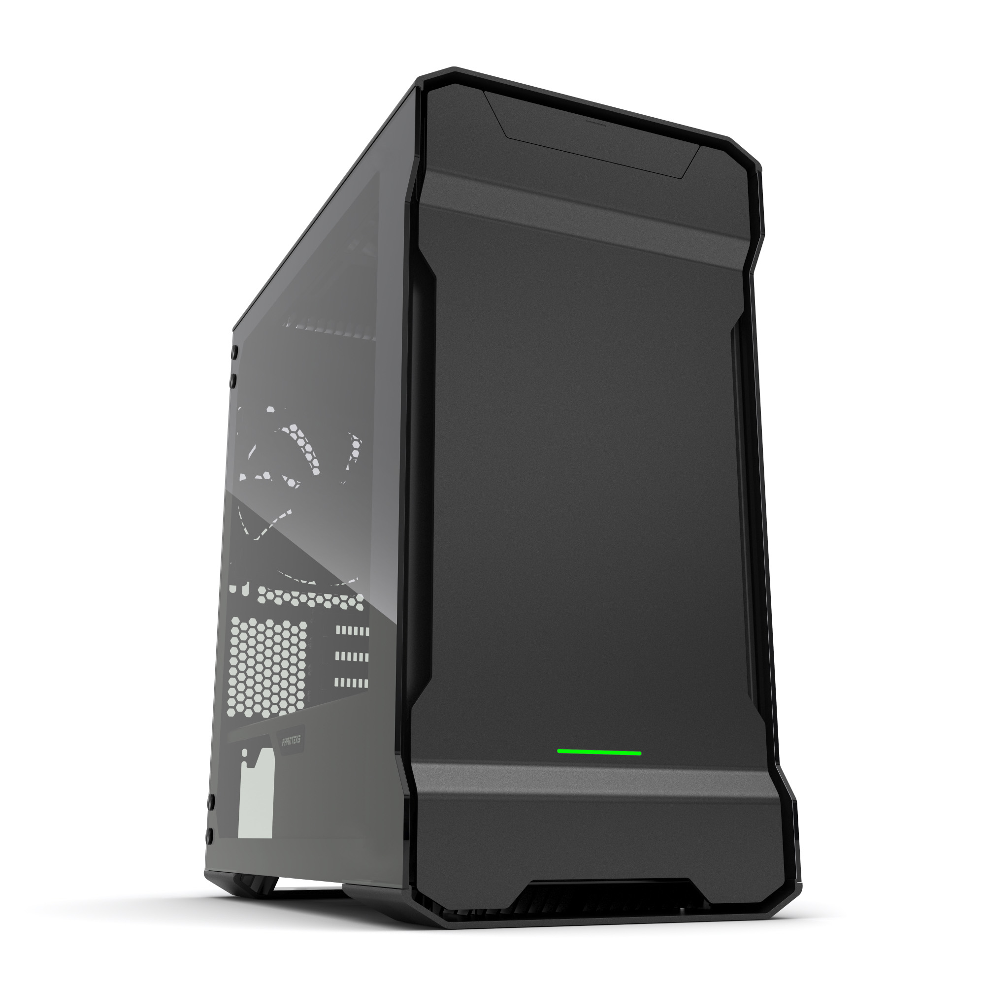 Case per computer nero con un pulsante di accensione verde. Presenta un pannello laterale trasparente e un design angolare moderno.