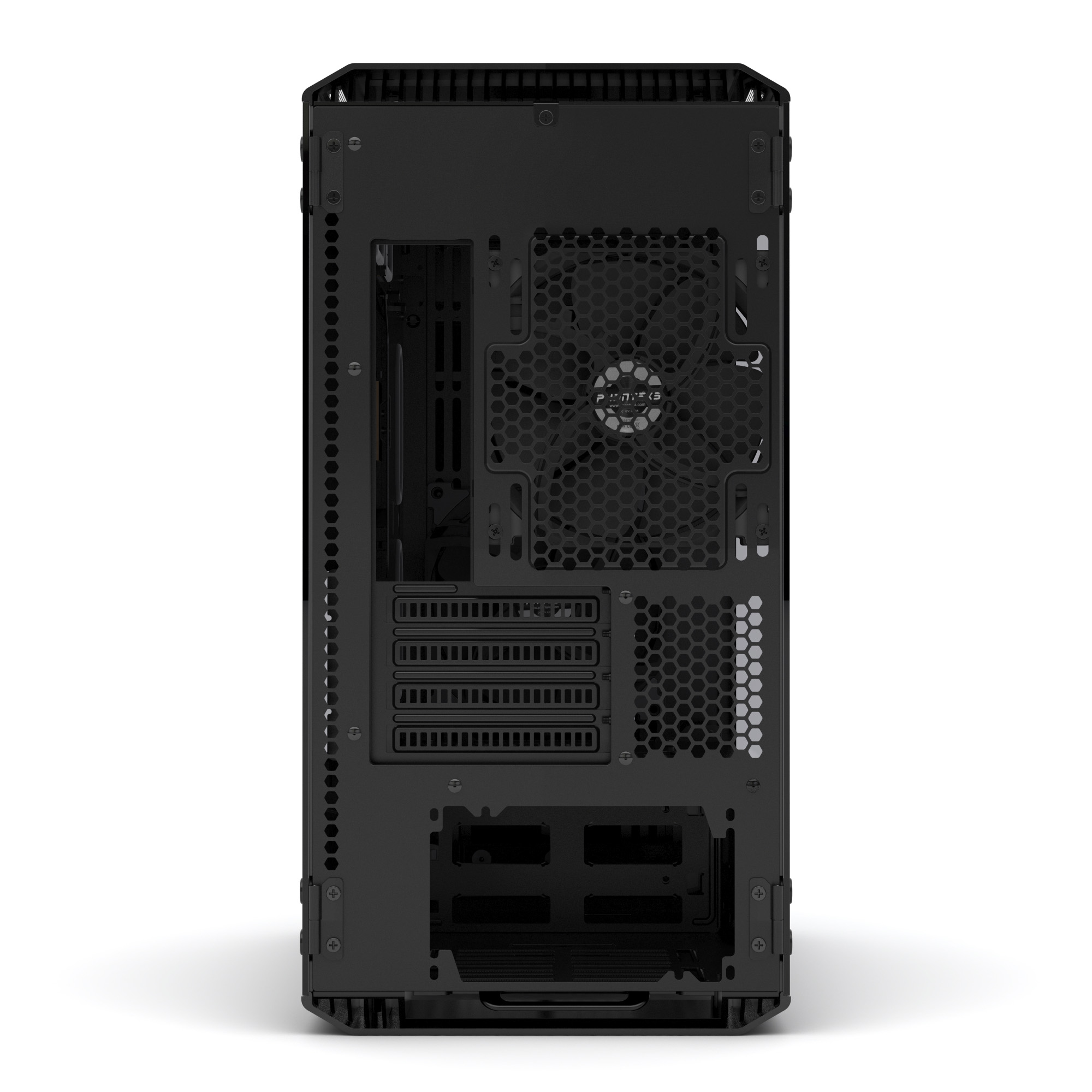 Vista posteriore di un case per computer nero con ventola.