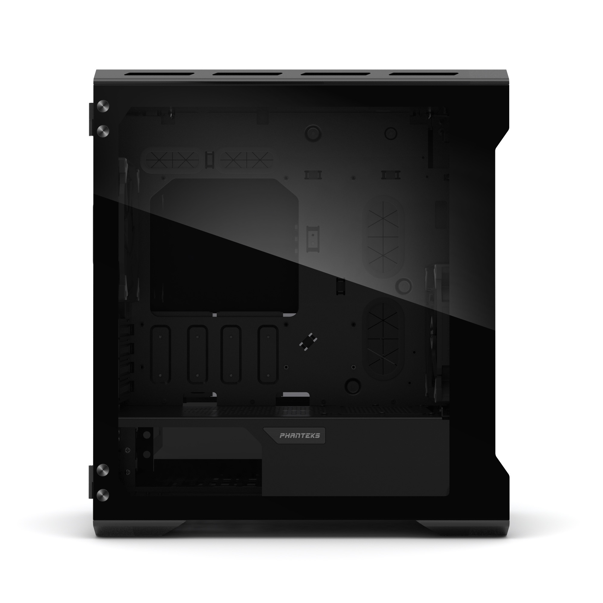 Un case per computer nero con un pannello laterale trasparente. Mostra i componenti interni, con un interno scuro.
