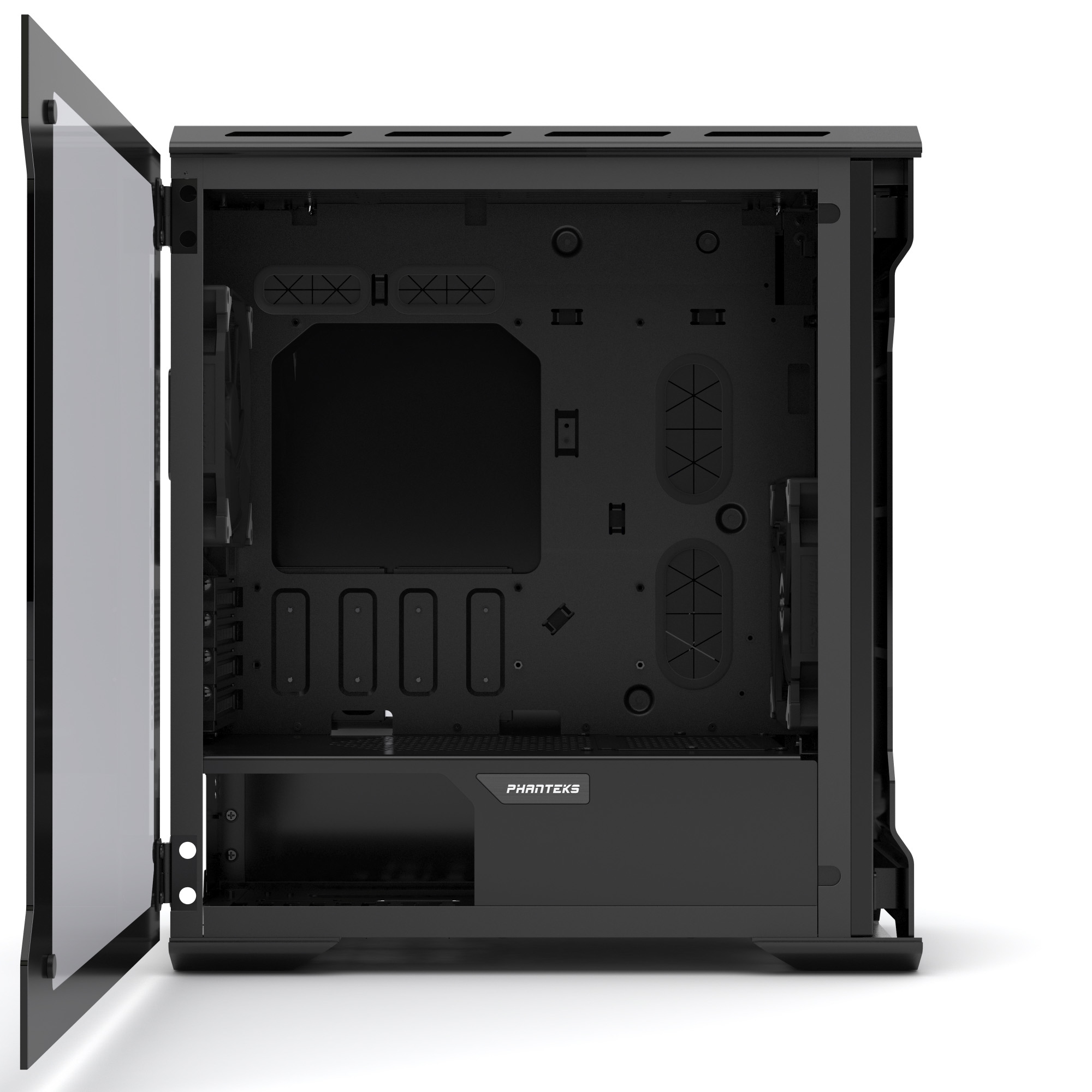 Case per computer nero con pannello laterale in vetro, aperto.