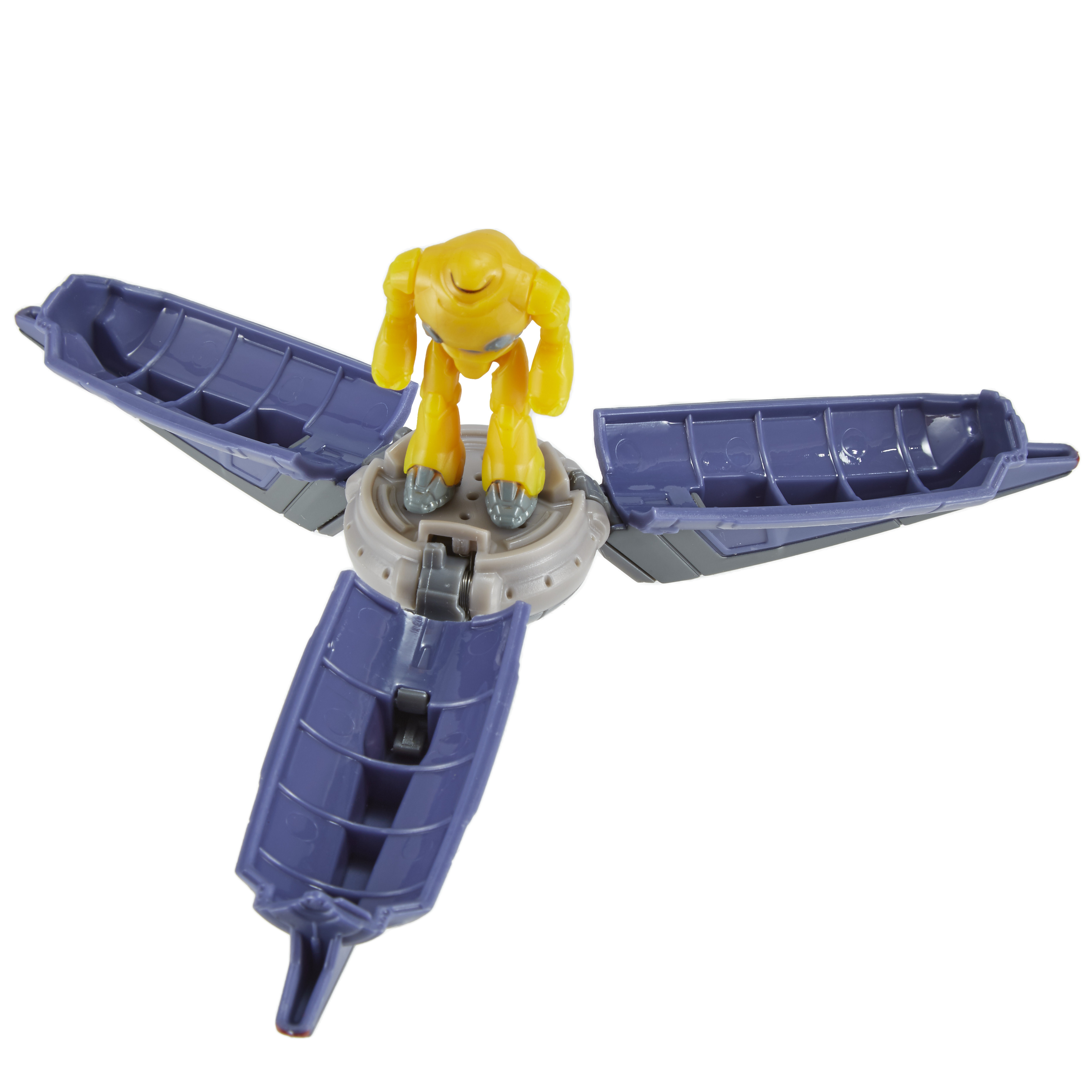 Spielzeugroboter in einem offenen, lila Raumschiff. Gelber Roboter, lila Schiff, weißer Hintergrund.