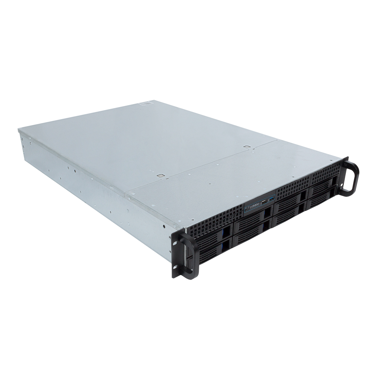 Rack server argento su sfondo bianco. Ha maniglie e ventilazione.