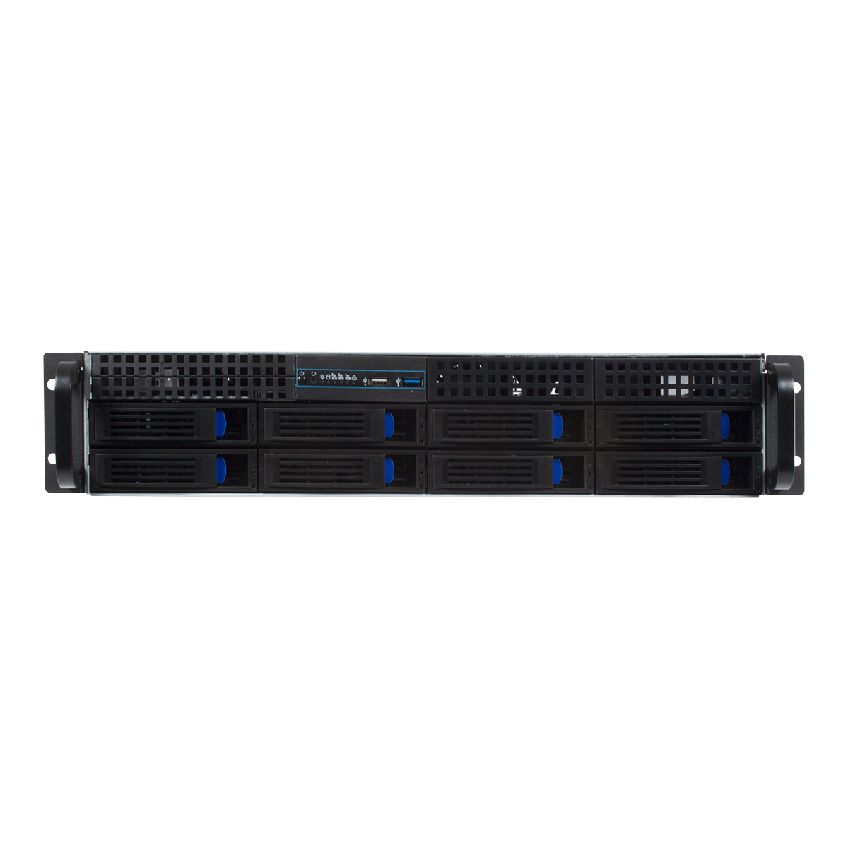 Un rack server nero con più slot per unità. Il rack è vuoto.
