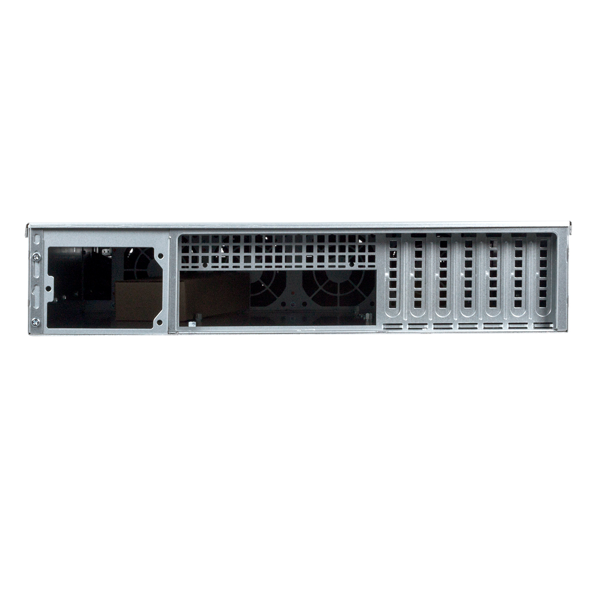 Retro di un case server. Argento con griglie di ventilazione e ritagli per ventole.