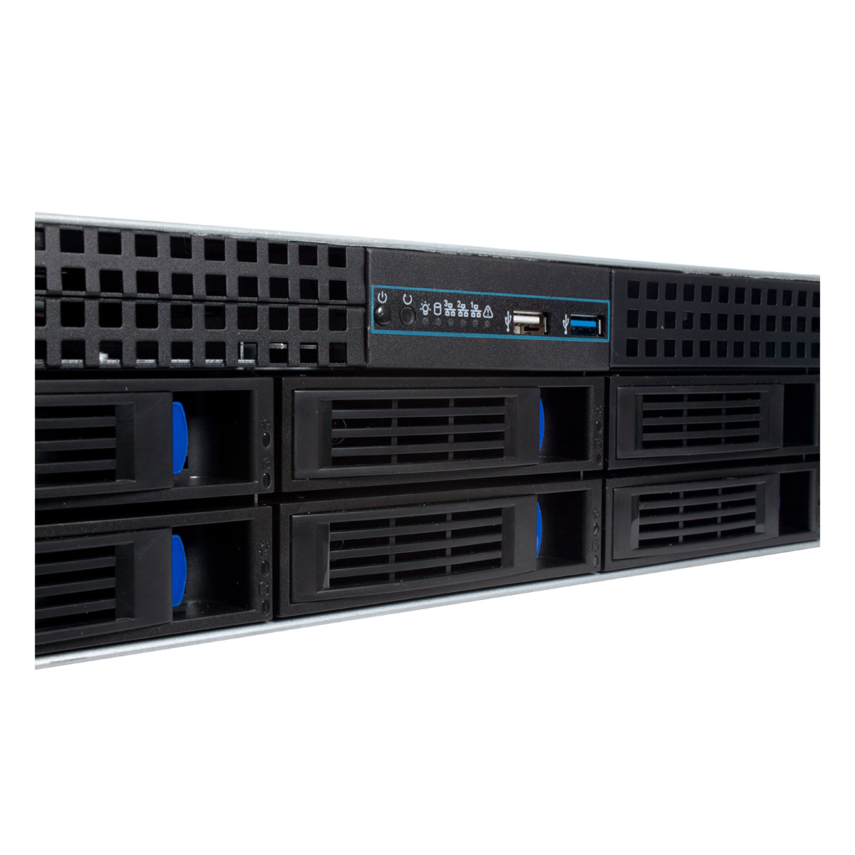Pannello frontale del server con pulsanti di accensione, porte USB e alloggiamenti. Dettagli e luci blu.