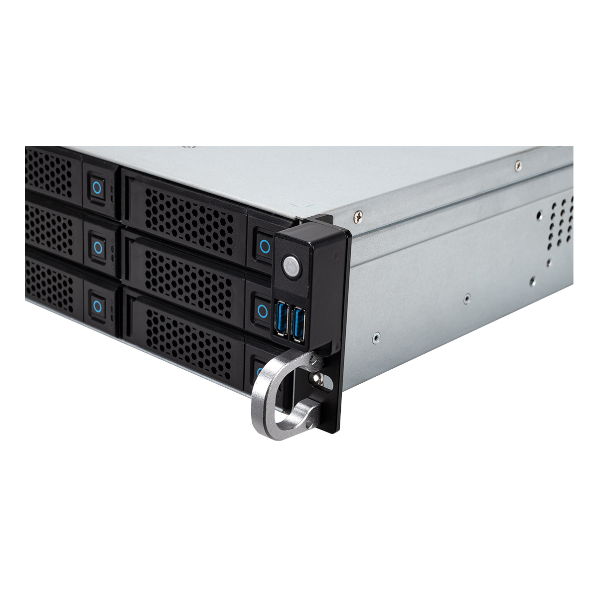 Rack server con alloggiamenti per dischi rigidi e maniglia. Telaio argentato, alloggiamenti neri, accenti blu.