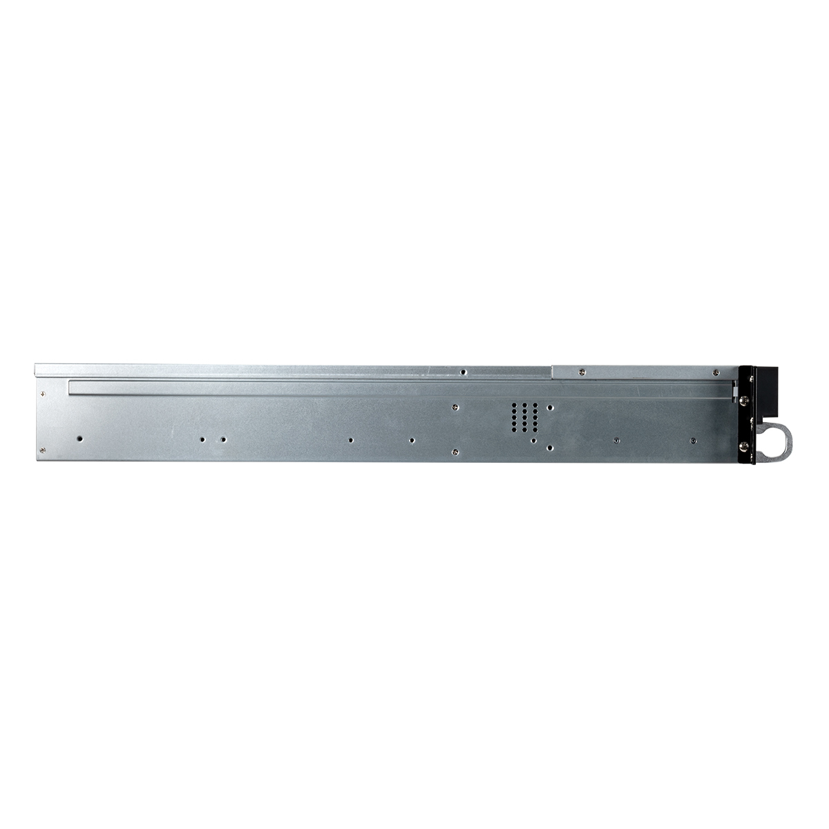 Un componente di rack server argentato su sfondo bianco. Ha un design perforato e una maniglia.