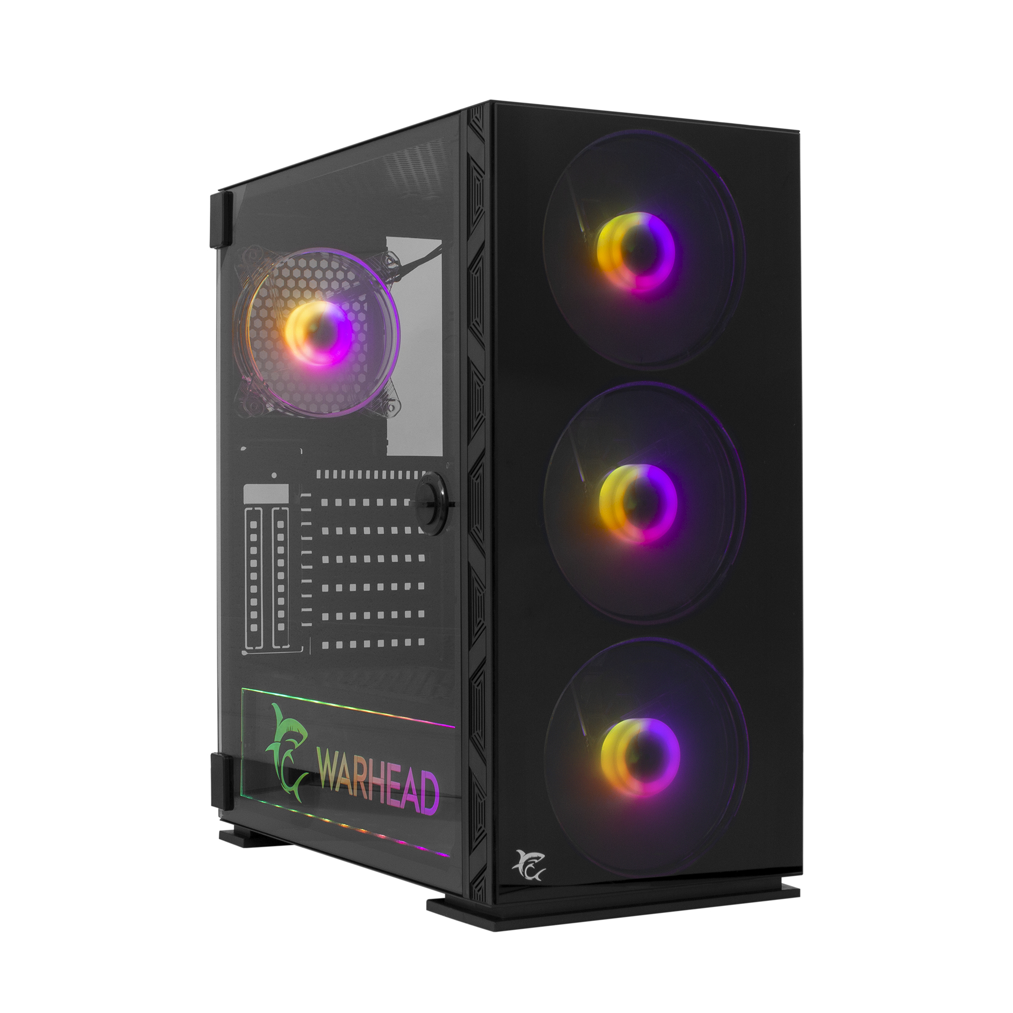 Case per PC nero con ventole RGB e pannello laterale in vetro. Presenta il logo Warhead.