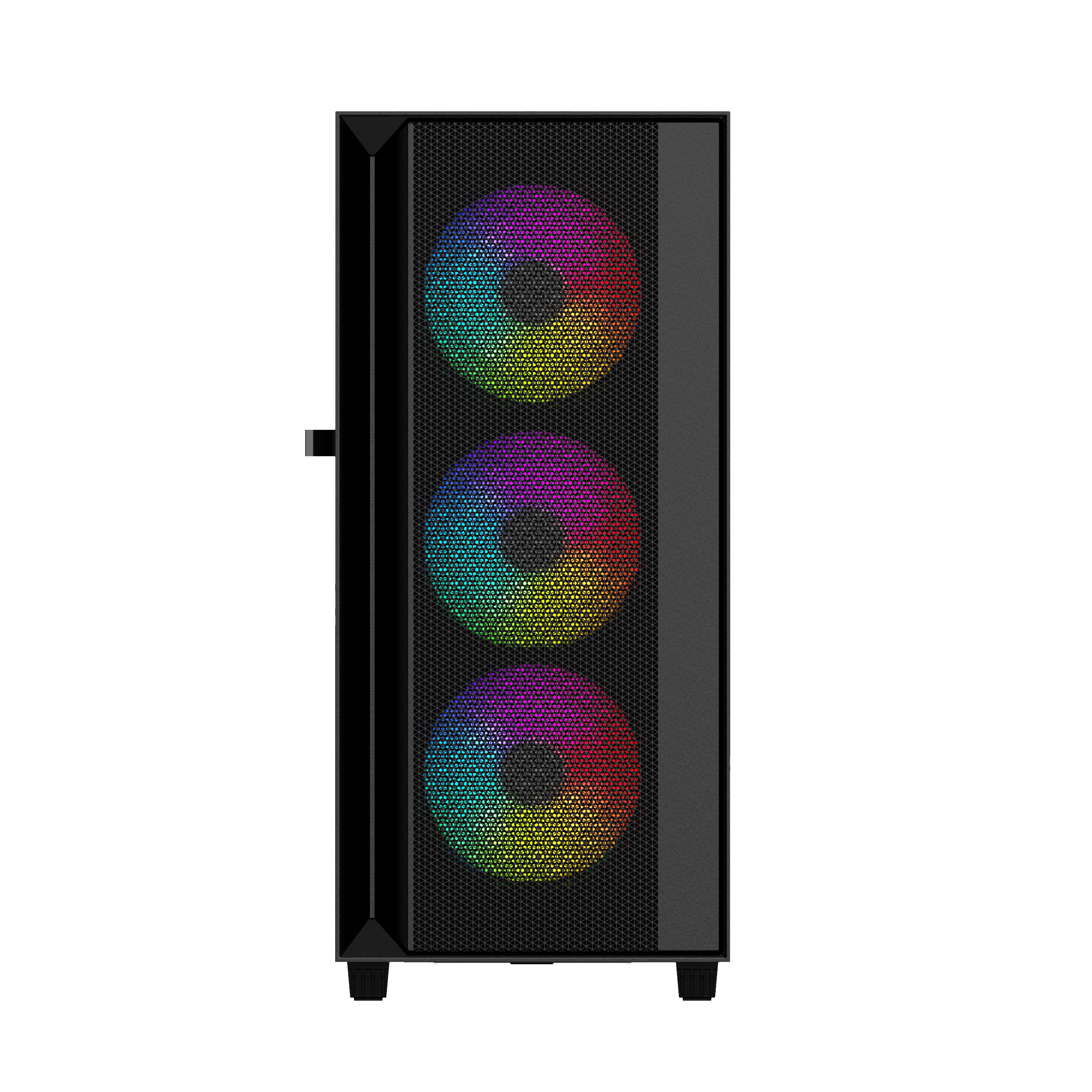 Czarna obudowa komputera z trzema wentylatorami RGB. Przedni panel z siatki, wentylatory wyświetlają tęczę.