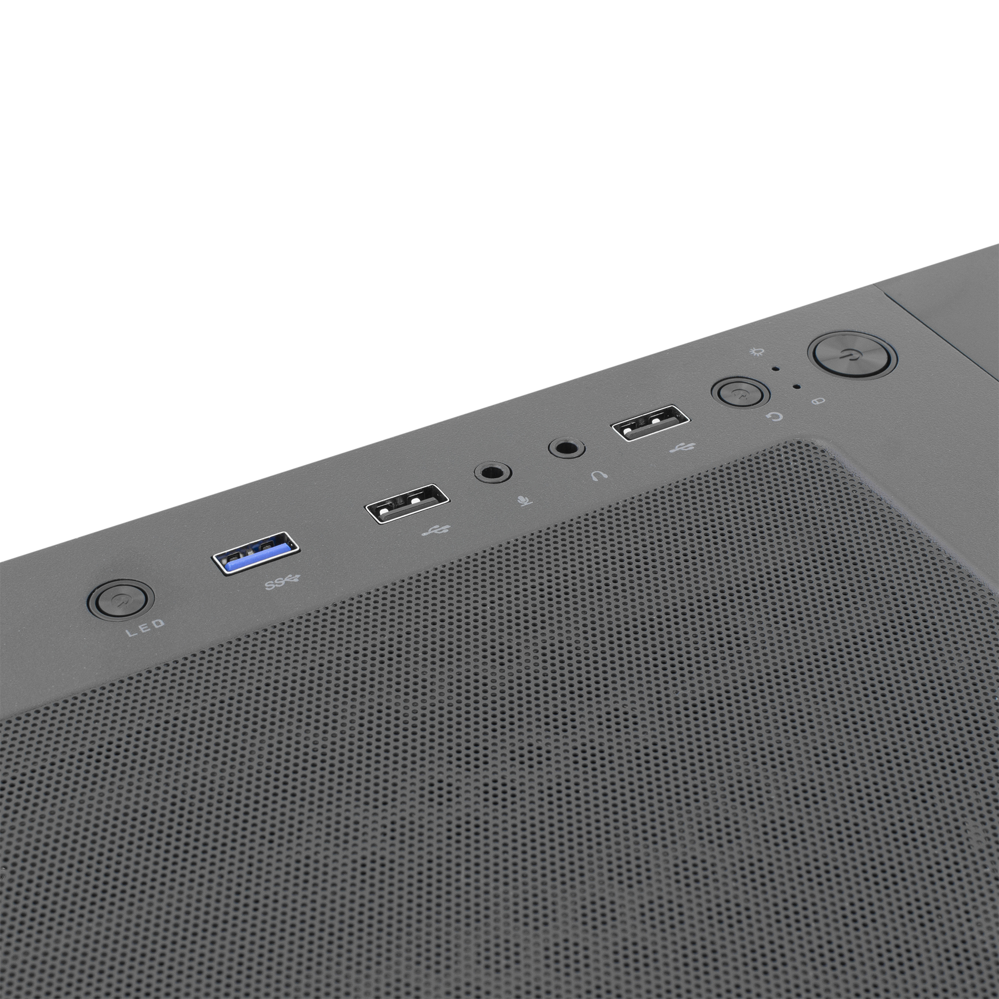 Pannello superiore del case del PC con porte USB, audio e pulsante di accensione su una superficie grigia.