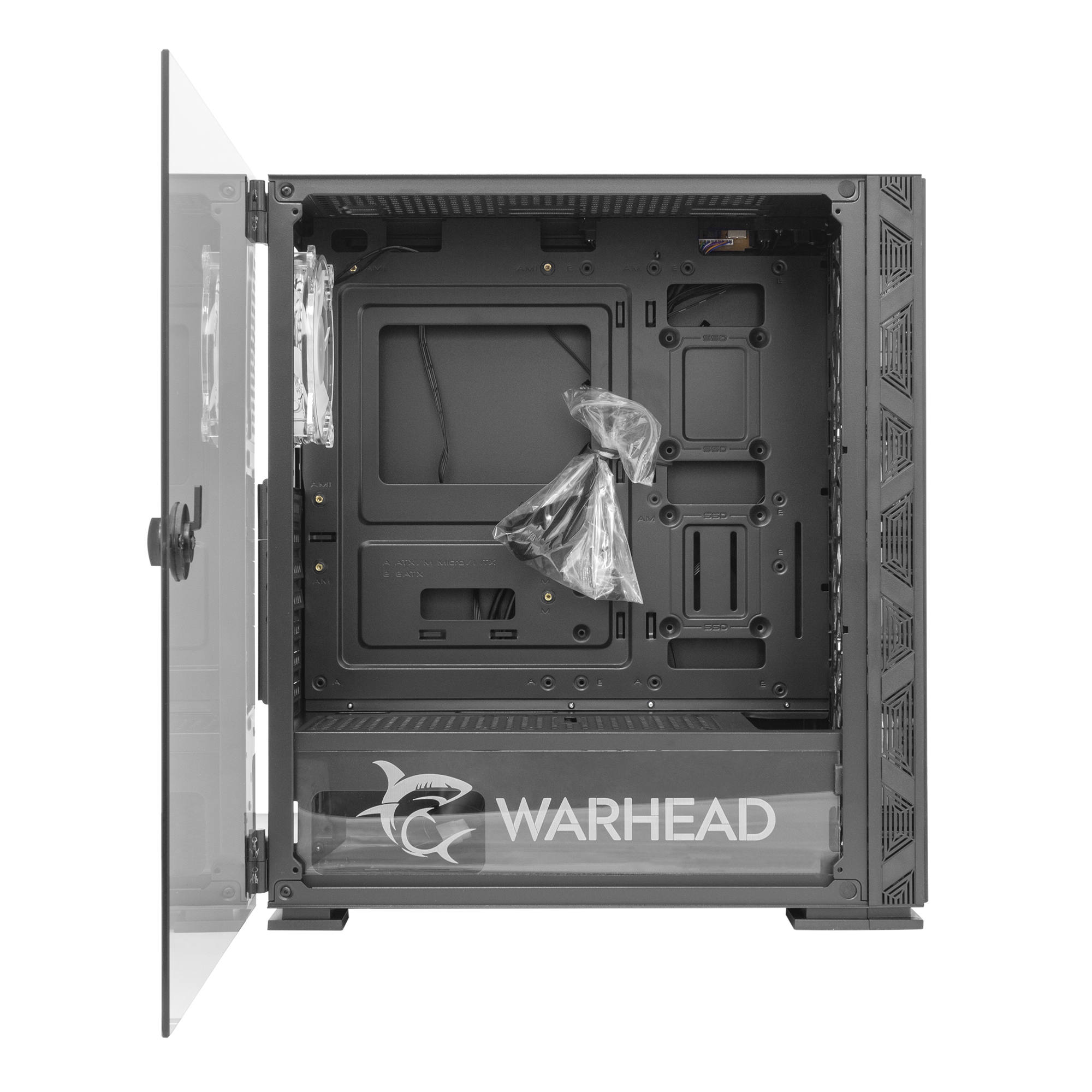 Vista interna di un case per computer con pannello in vetro trasparente, che mostra i componenti interni con il logo Warhead.