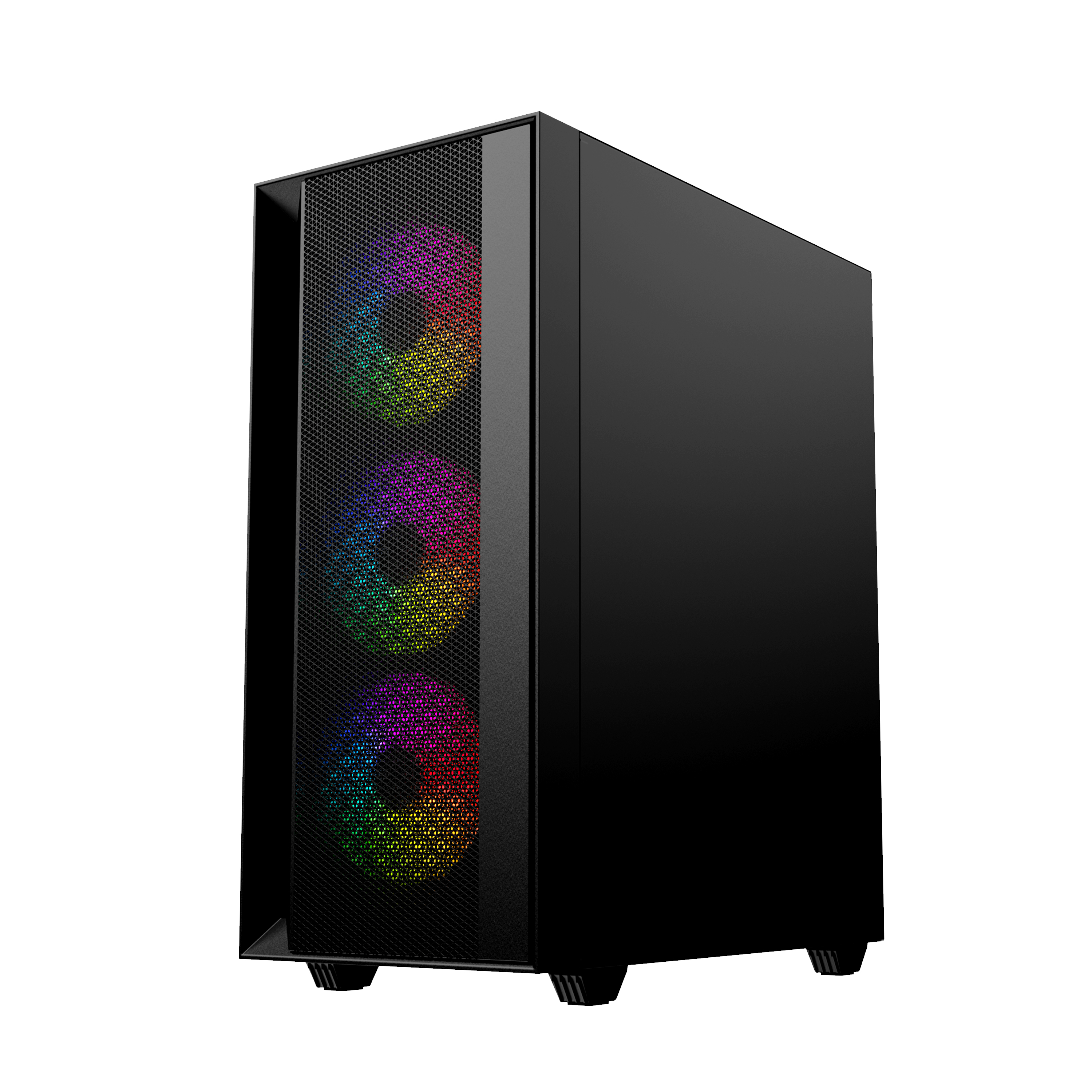 Czarna obudowa komputera z podświetleniem RGB z przodu. Na białym tle. Obudowa jest ustawiona pod kątem.
