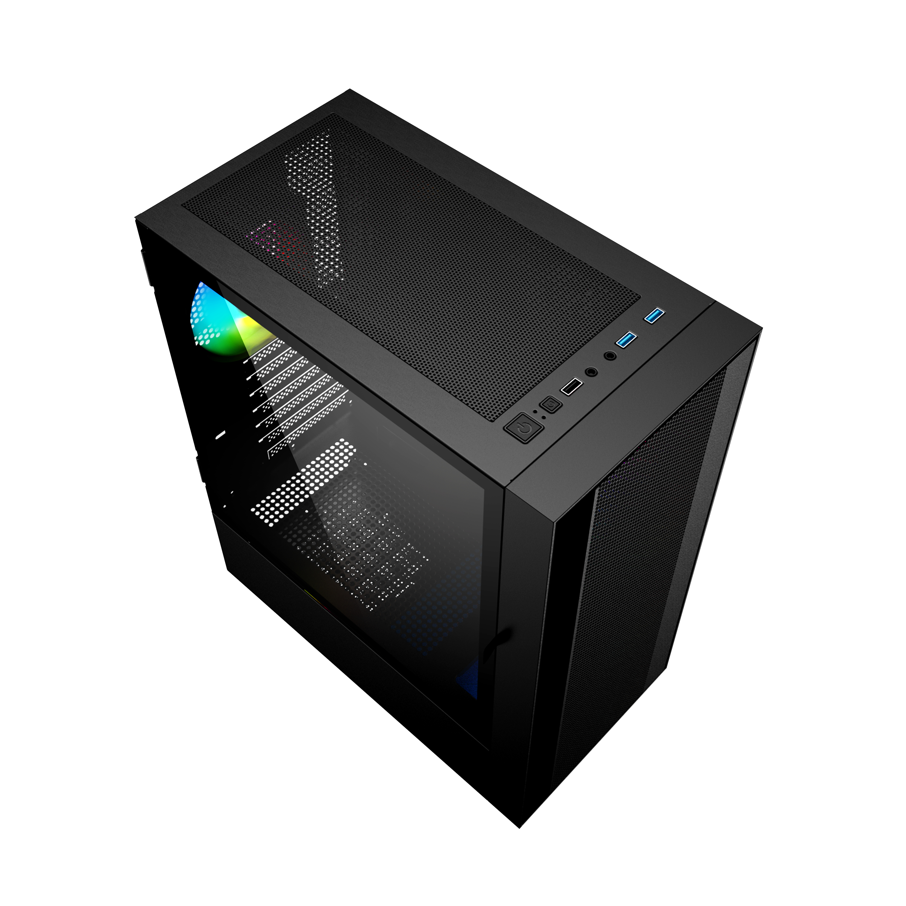 Czarna obudowa komputera, widok z góry. Szklany panel boczny, z oświetleniem RGB i portami USB.
