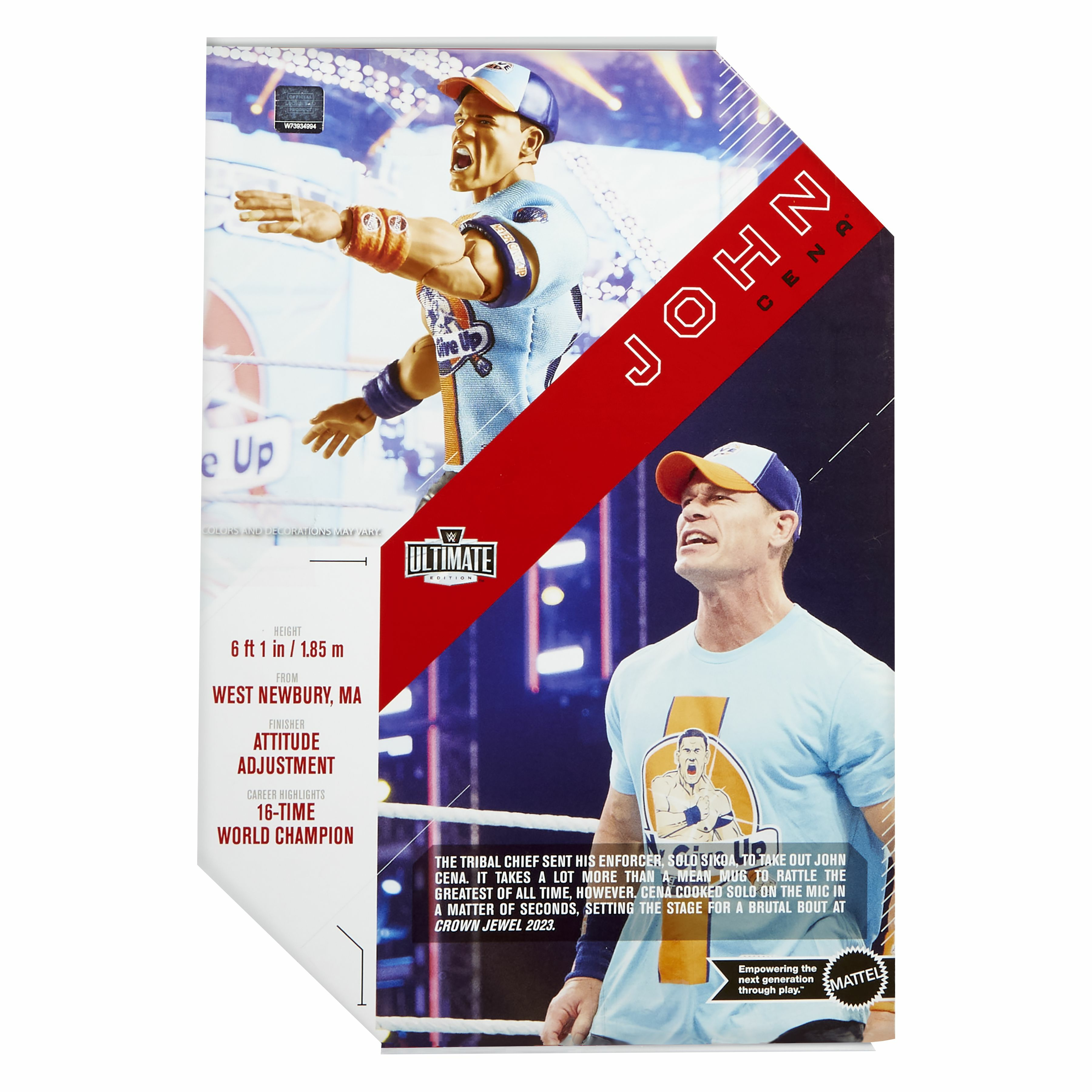 Action figure di John Cena in una scatola espositiva con testo e immagini del wrestler John Cena.