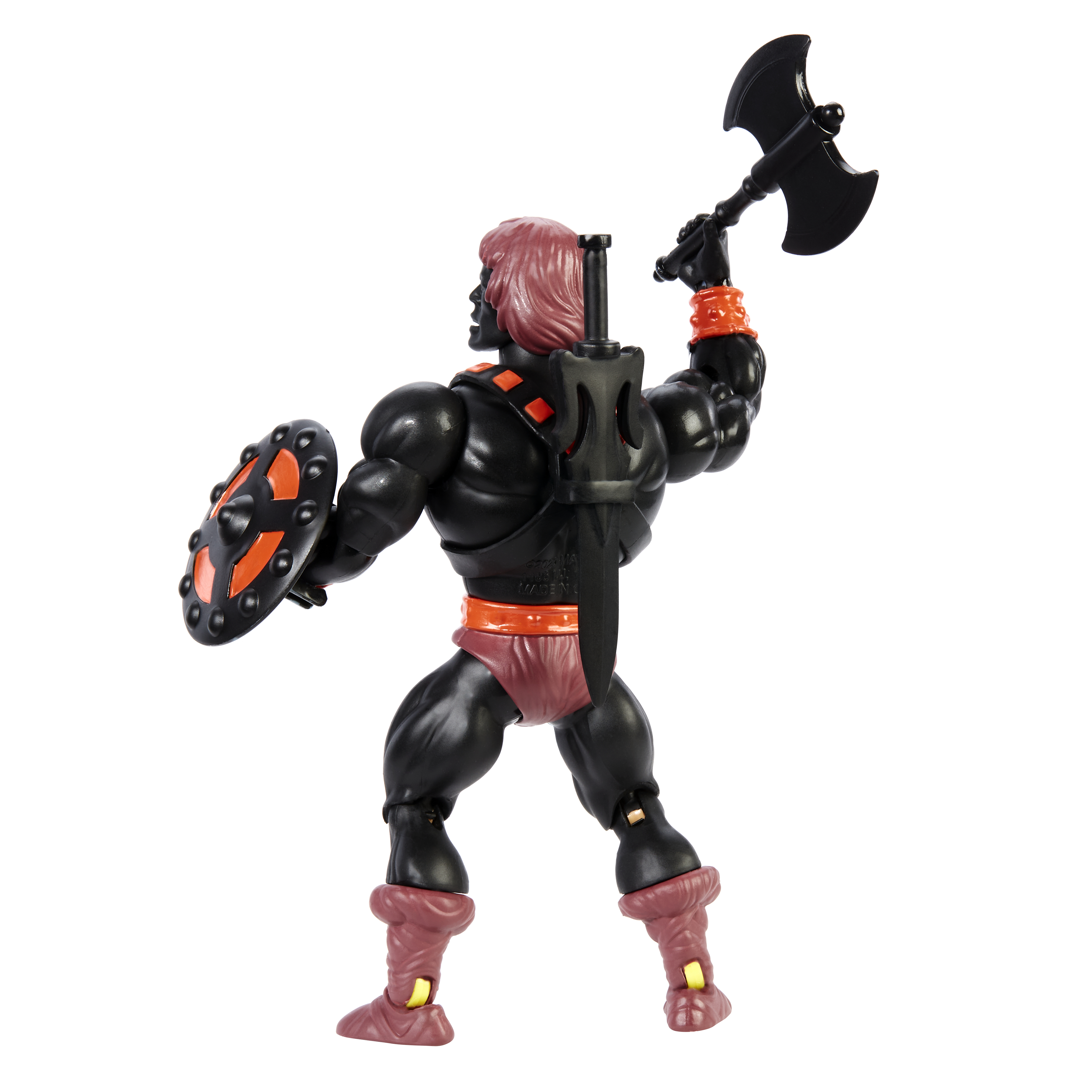 Actionfigur einer muskulösen schwarzen Figur mit roten Details. Er hält eine Axt und einen Schild.