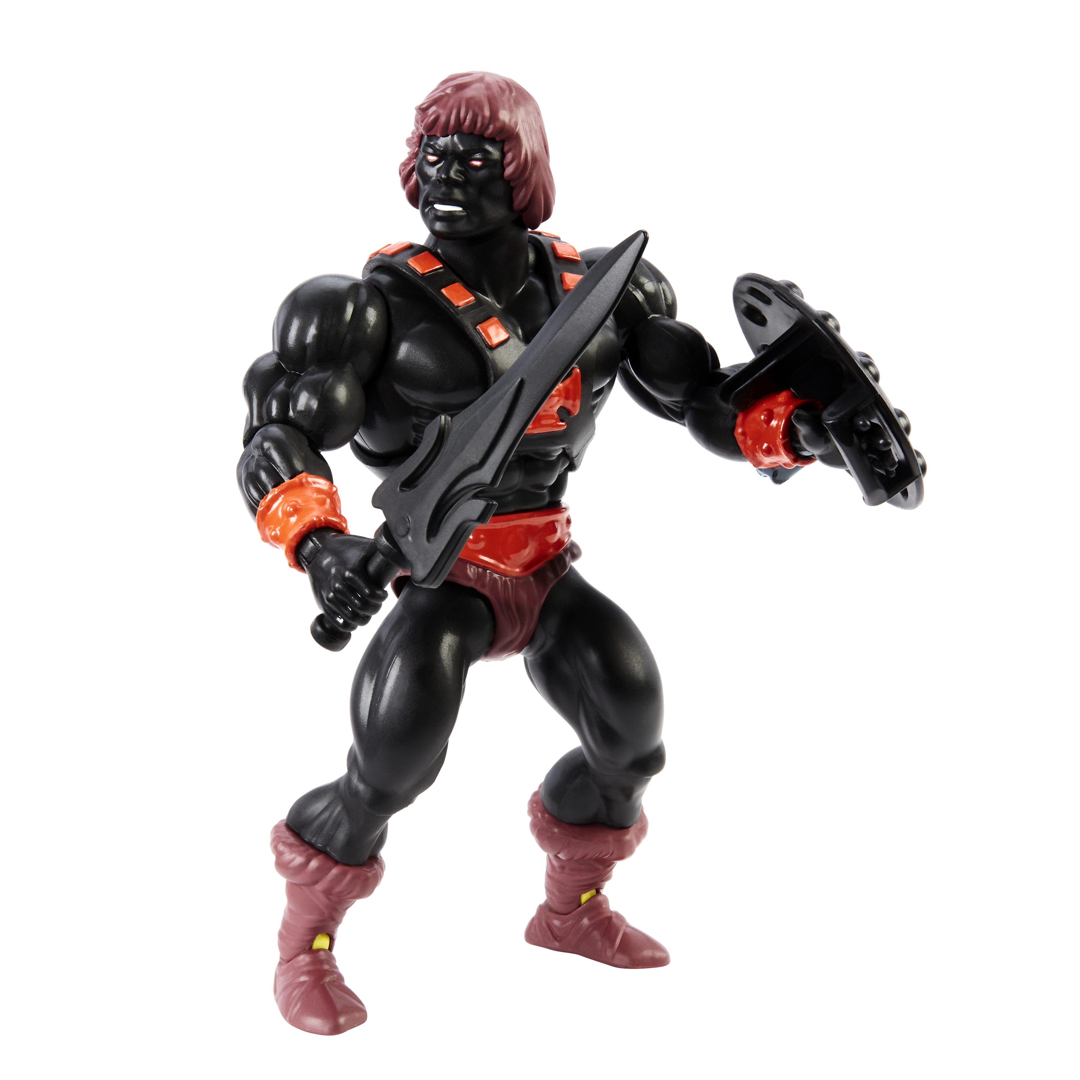 He-Man Actionfigur in schwarzer Rüstung mit Schwert und Schild. Rote Akzente. Weißer Hintergrund.