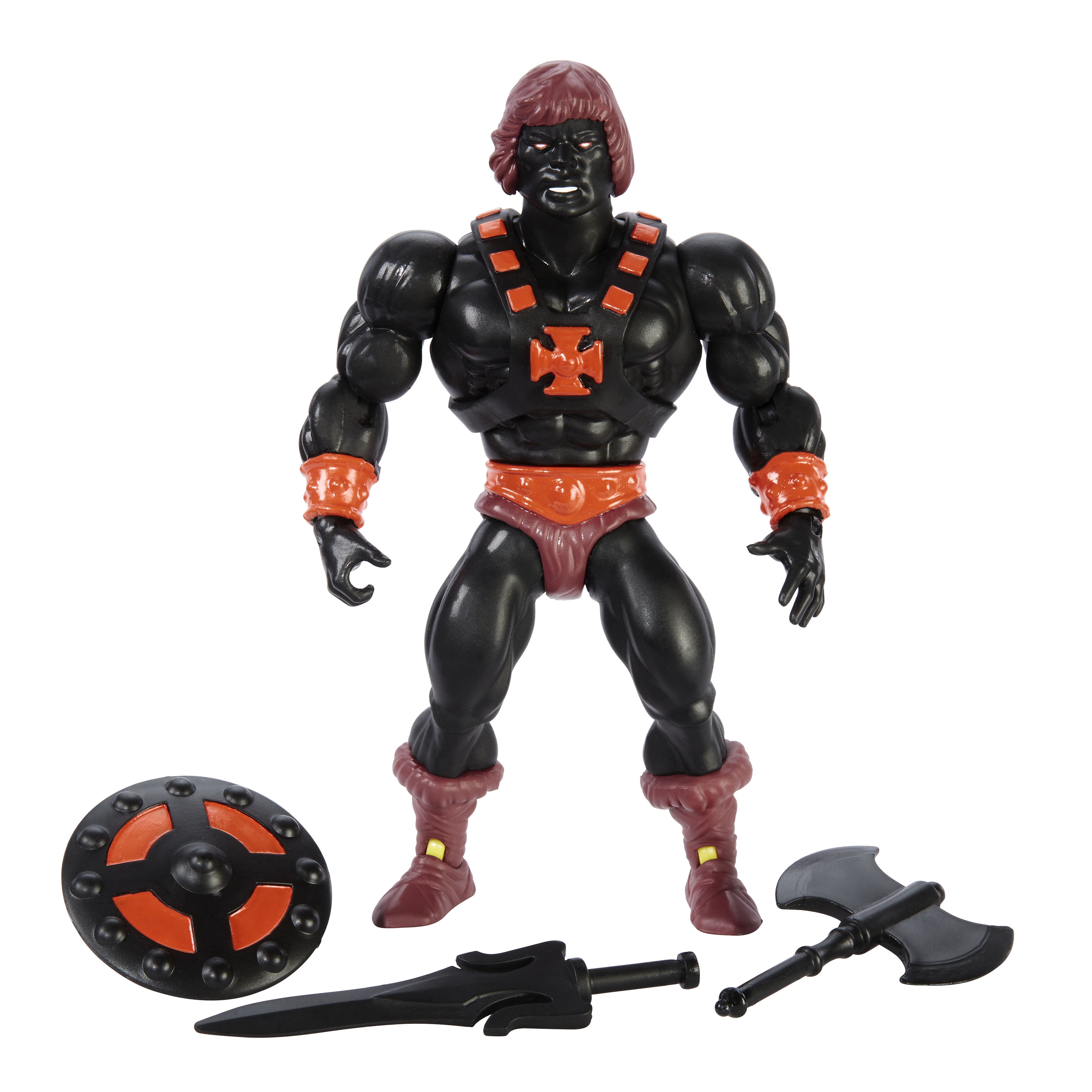 Schwarze Spielfigur mit roten Akzenten. Enthält Schild, Schwert und Axt. Weißer Hintergrund.