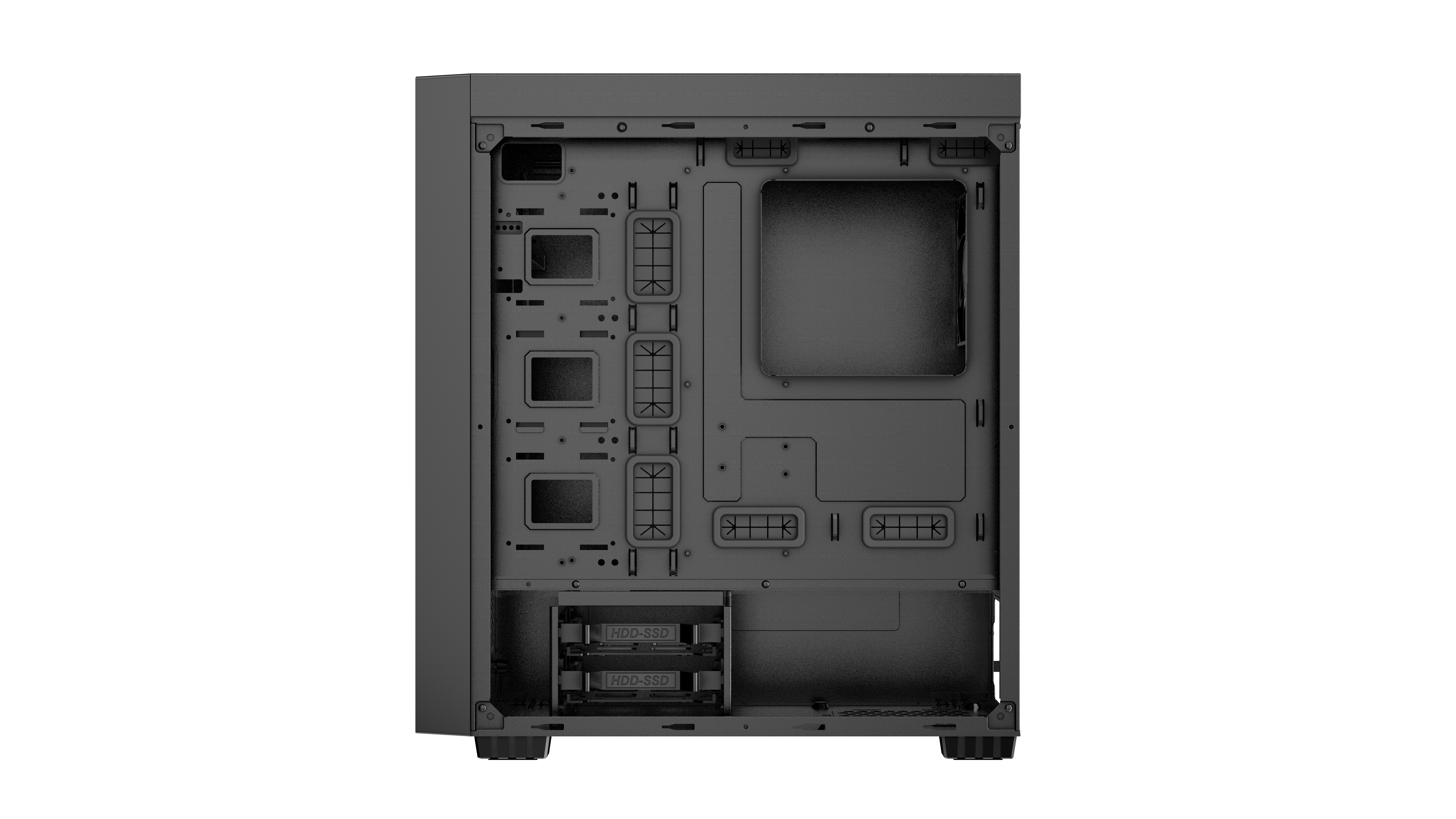 Interno di un case per computer con slot di montaggio. Il case è nero.