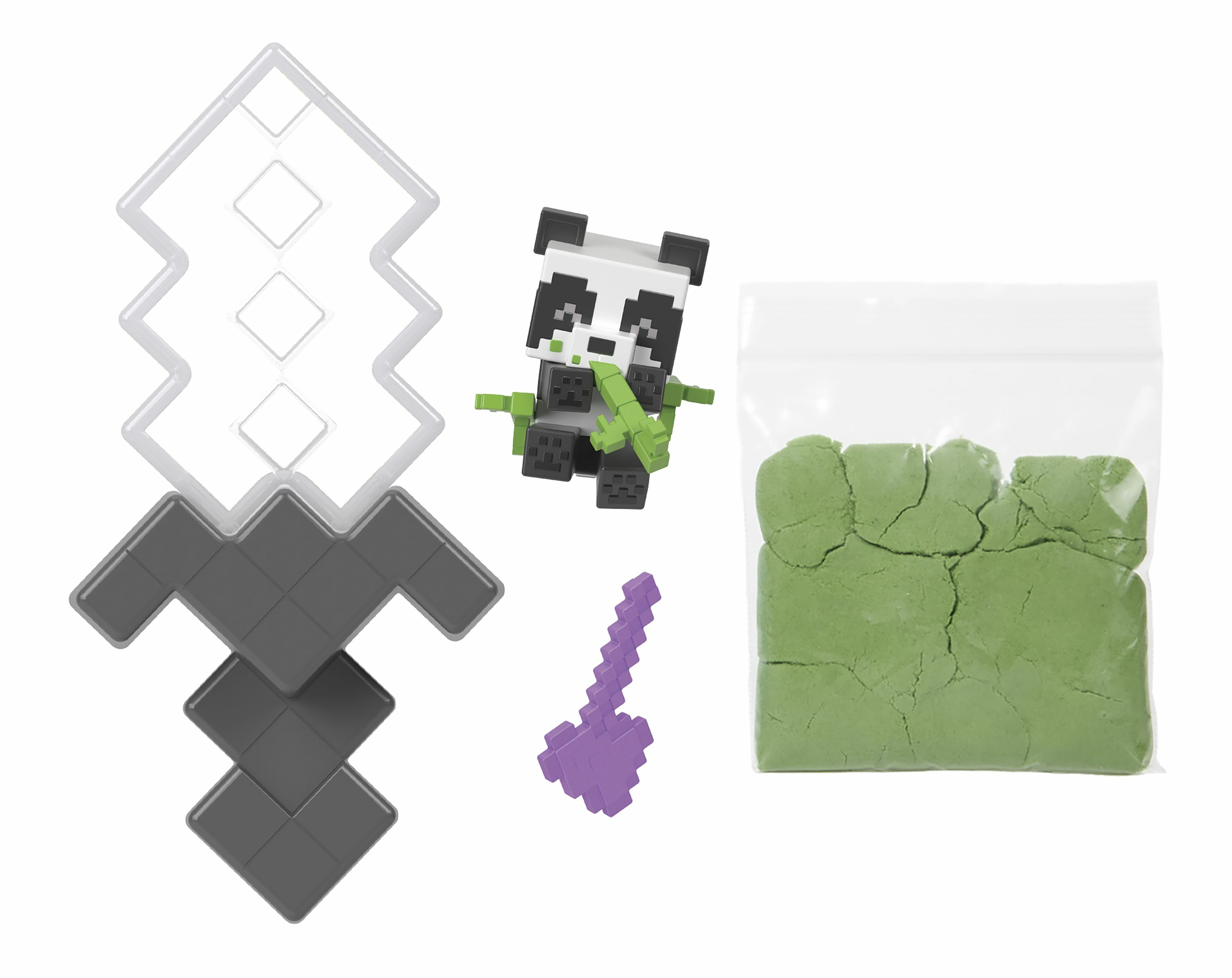 Set di giocattoli a tema Minecraft. Include un panda, una spada, una pala e sabbia verde.