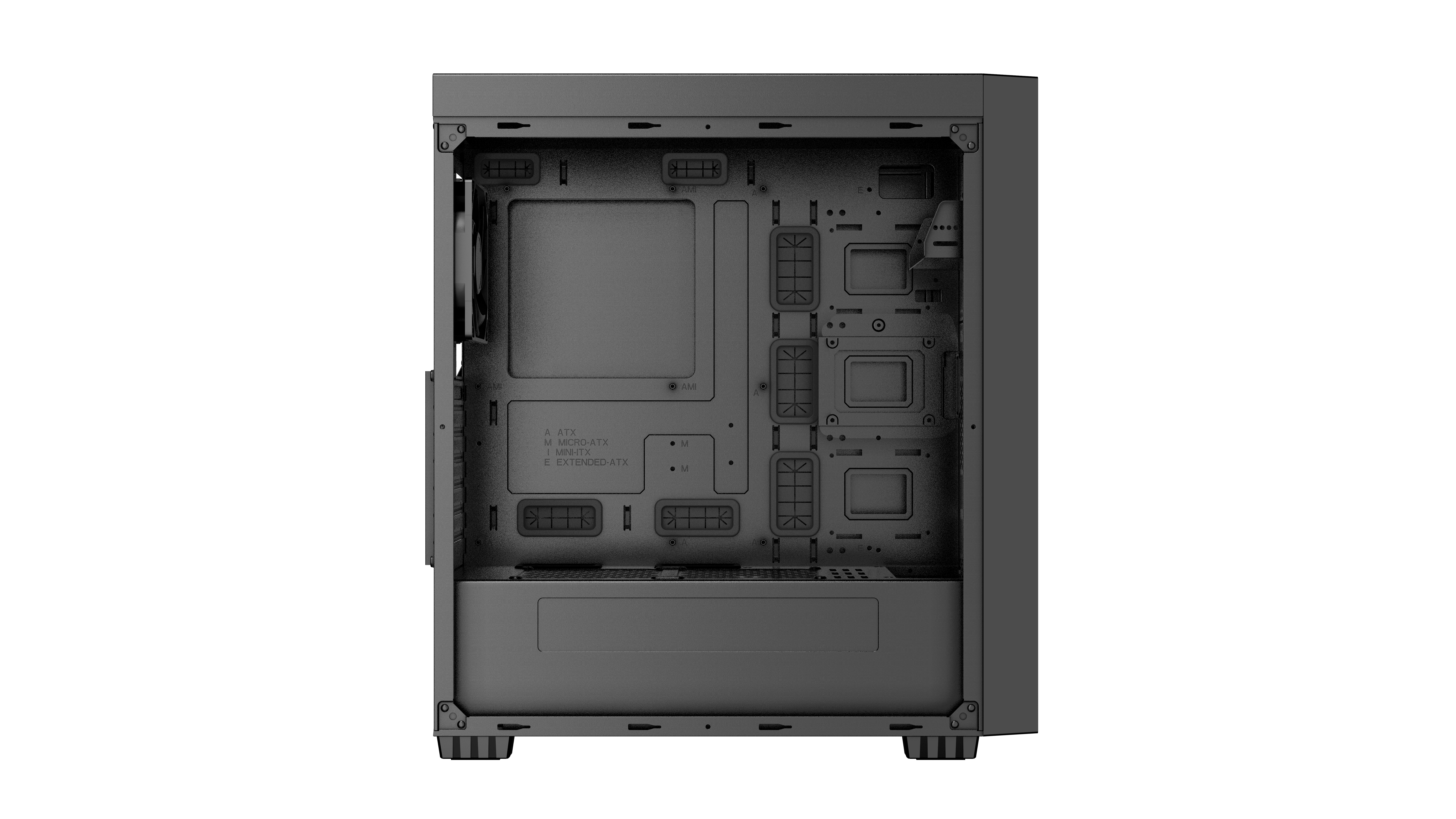Interno di un case PC nero, che mostra l'area di montaggio e la struttura interna.