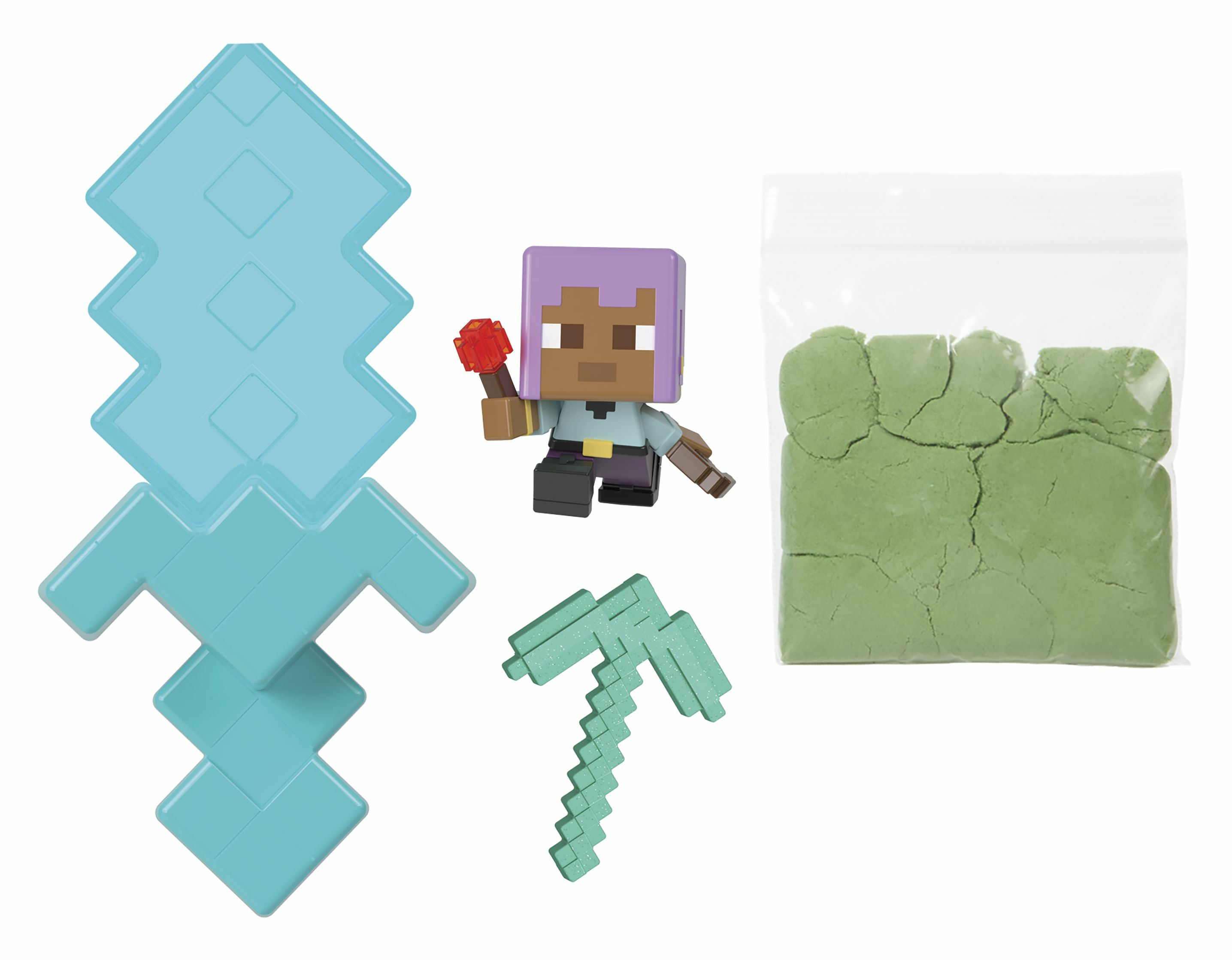 Giocattoli di Minecraft, tra cui una figura, una spada di diamante, un piccone e sabbia cinetica verde.