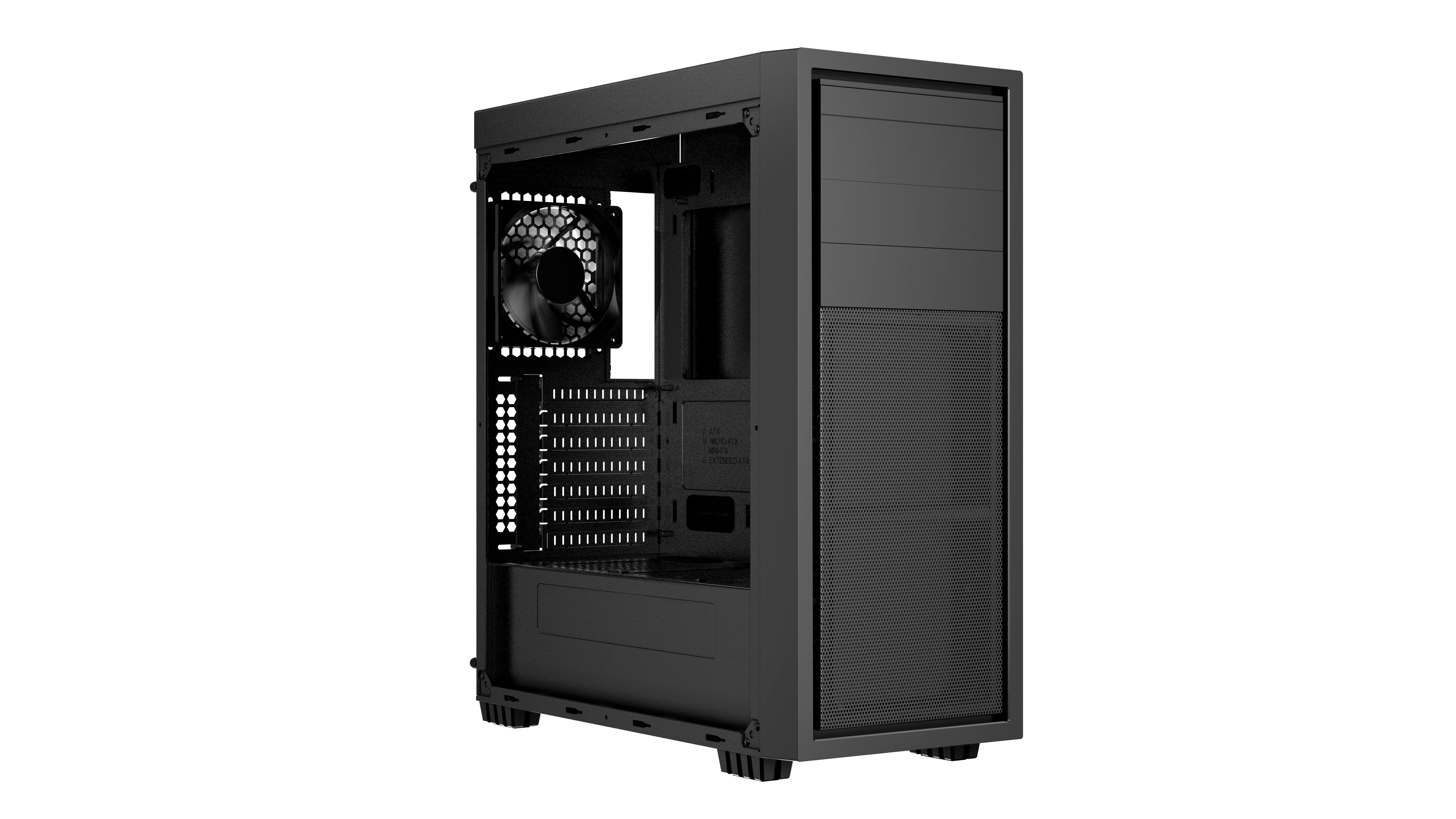 Case per computer nero con pannello frontale a rete e ventola visibile all'interno.