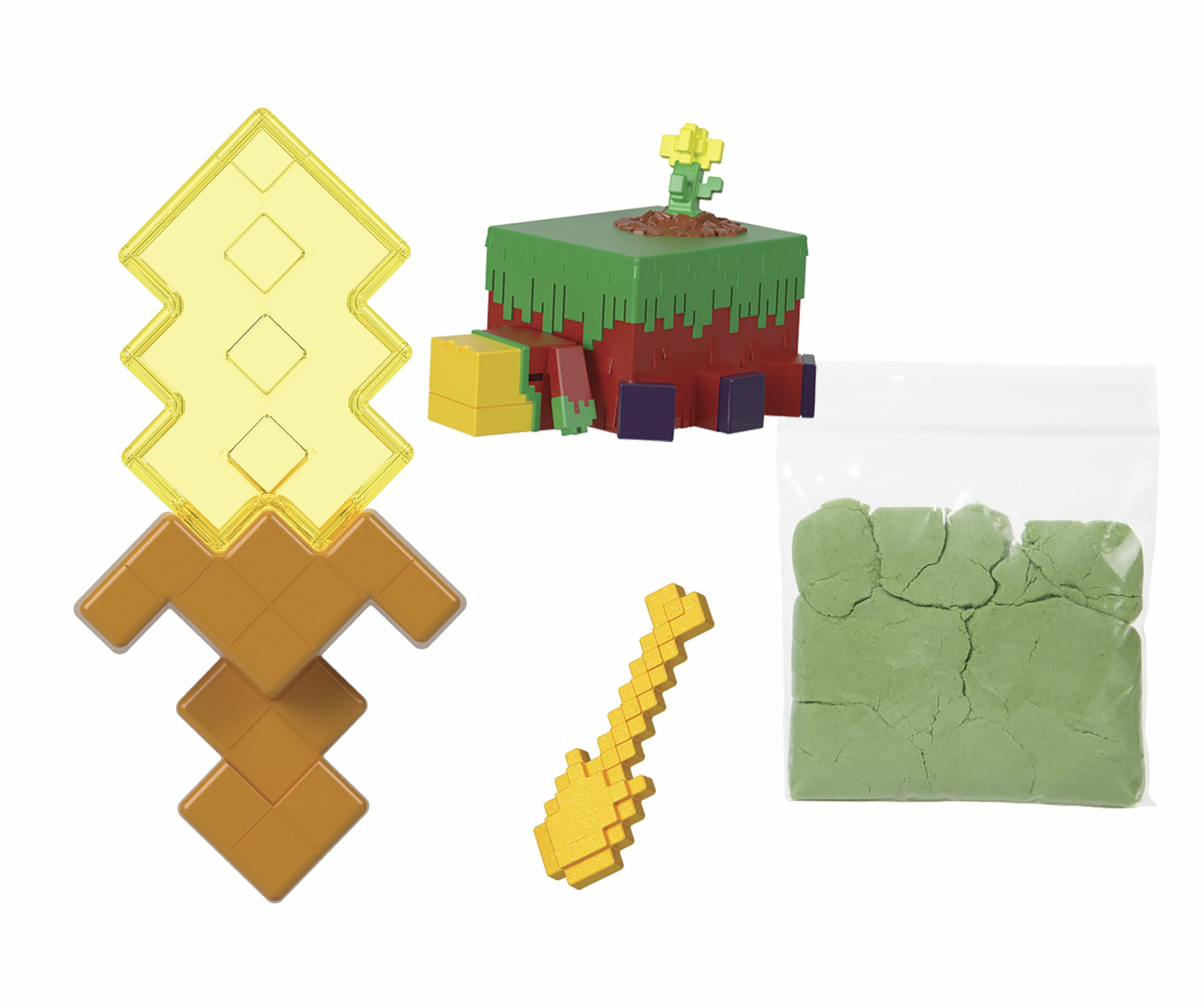 Set di giocattoli di Minecraft. Include blocchi, una figura con un fiore, un sacco di sabbia e una spada. Sfondo bianco.