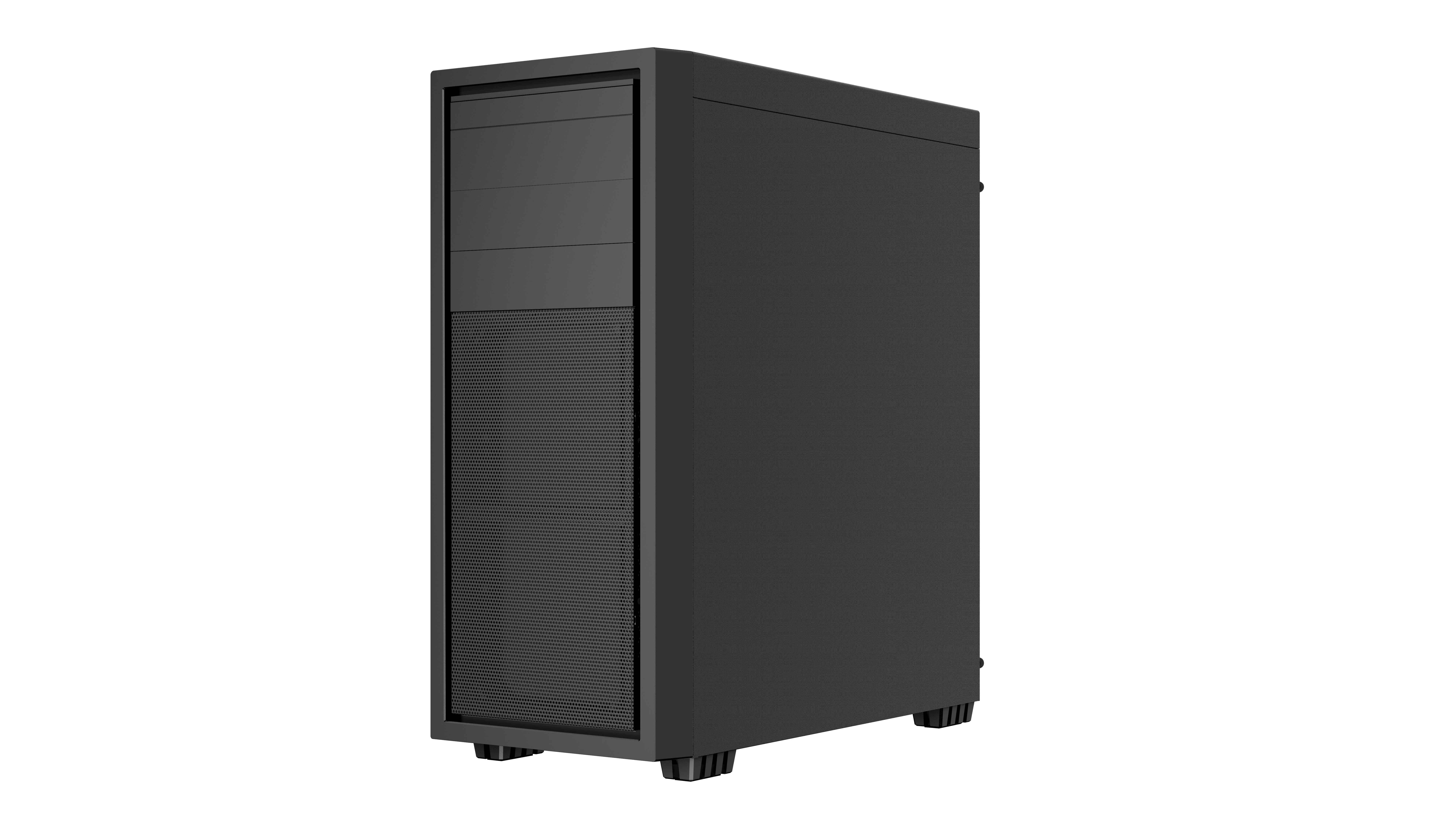 Un case per computer nero con un pannello frontale liscio, con ventilazione e piccole porte.