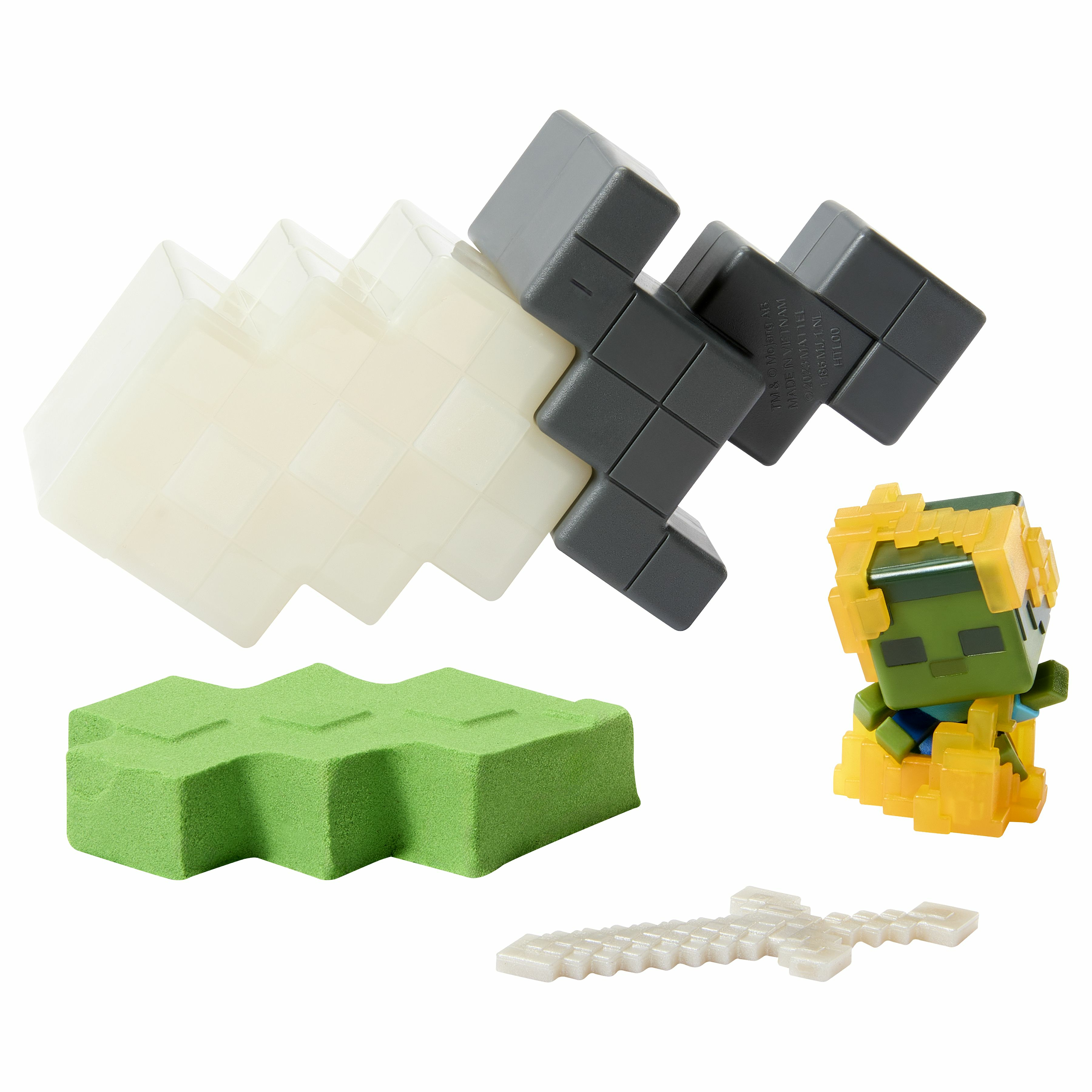 Set di giocattoli Minecraft con blocchi, personaggio e una spada in plastica colorata.