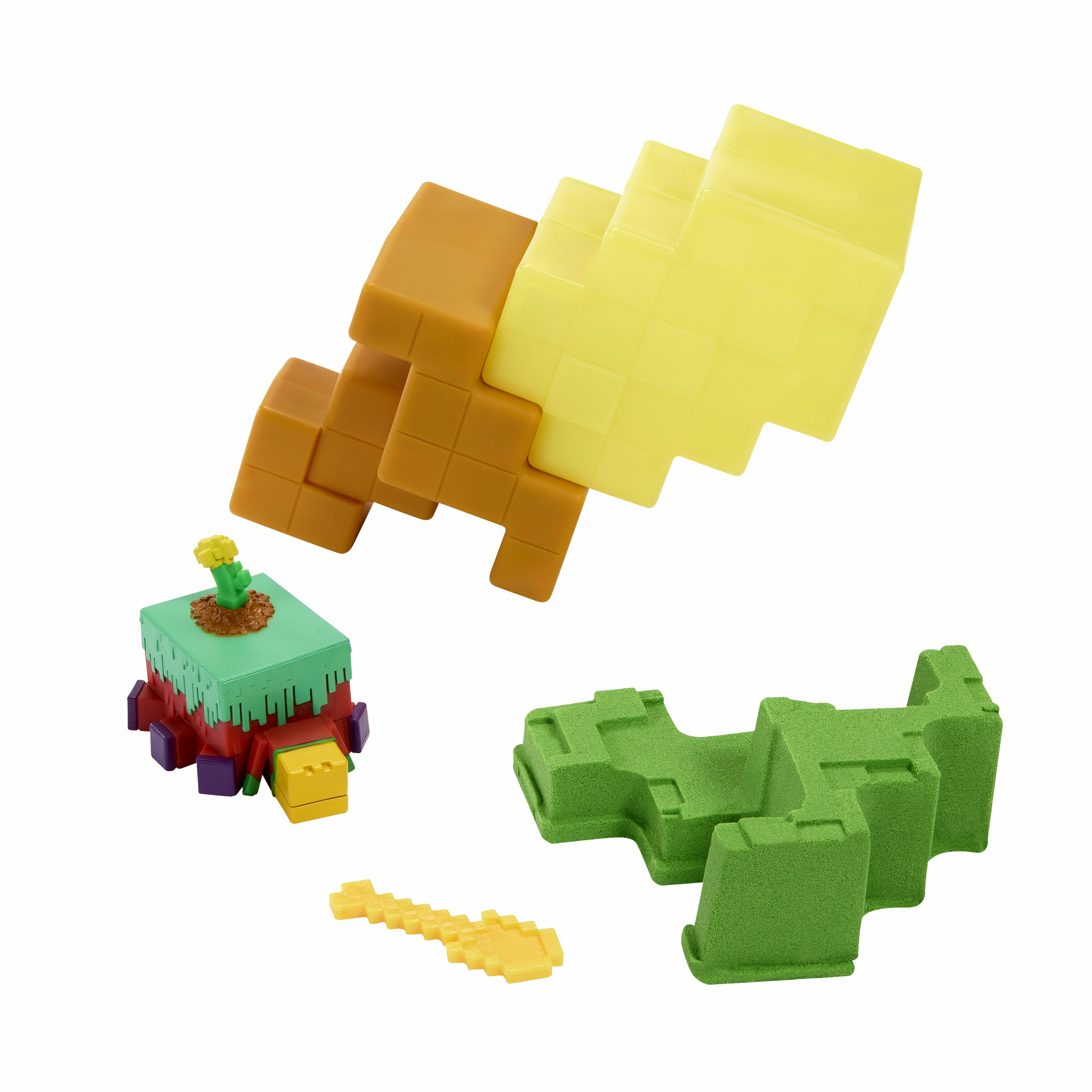 Set di giocattoli di Minecraft. Include blocchi di varie forme, colori. Una piccola figura con un fiore e una spada.