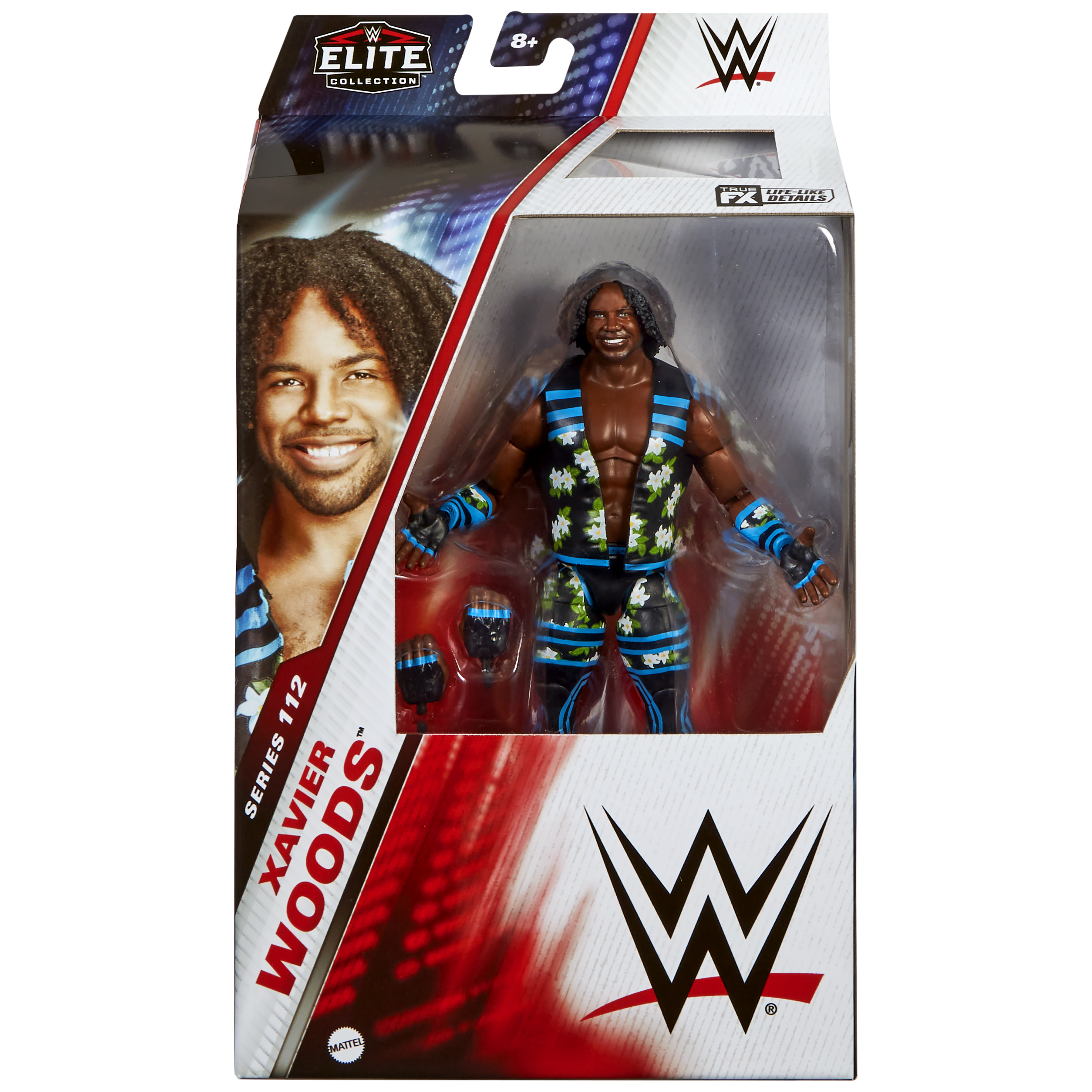 Xavier Woods Actionfigur in einer Box. Zeigt Woods mit lächelndem Gesicht und dem WWE-Logo.