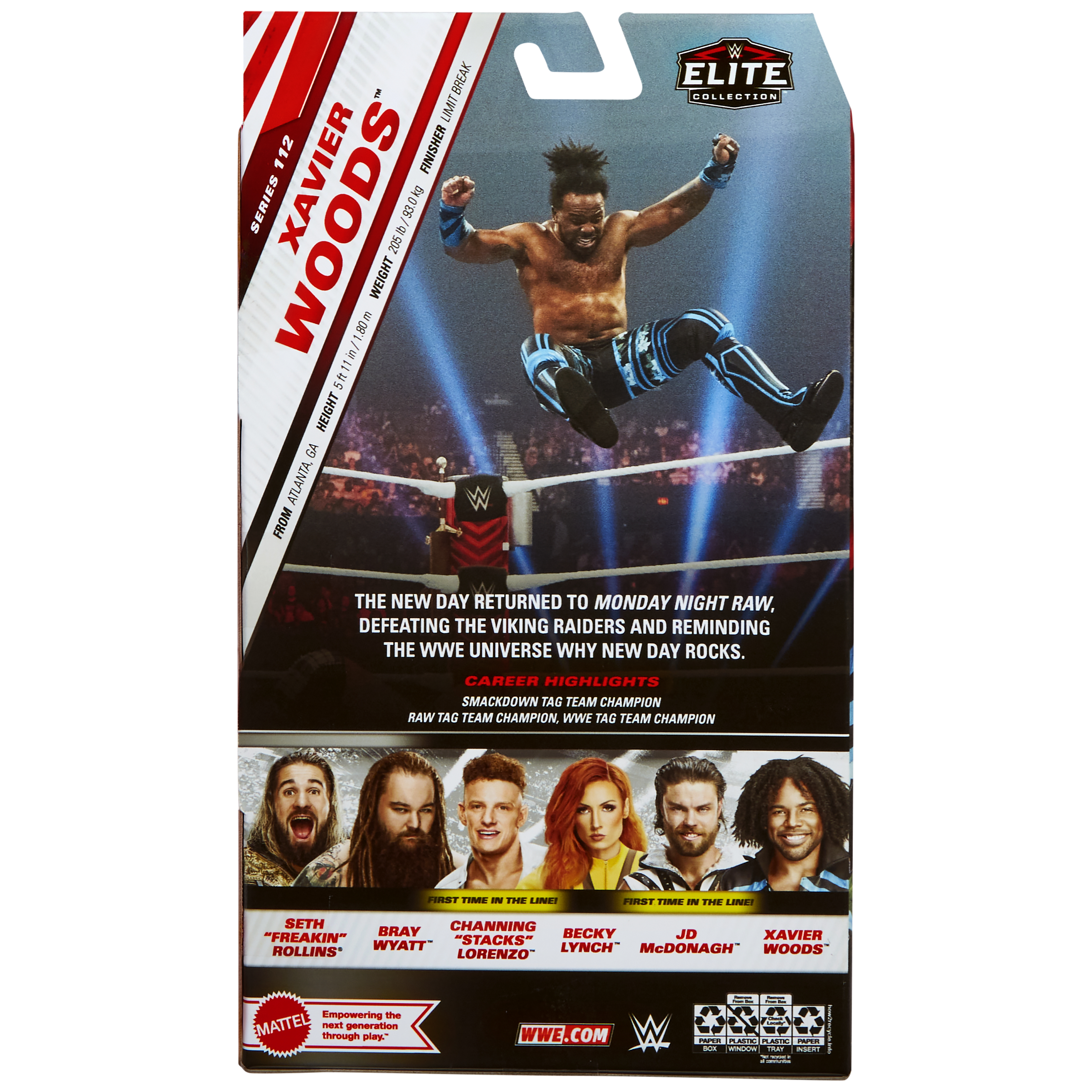 Xavier Woods Actionfigur. Verpackung zeigt ihn in der Luft. Text beinhaltet Karriere-Highlights und Fotos.