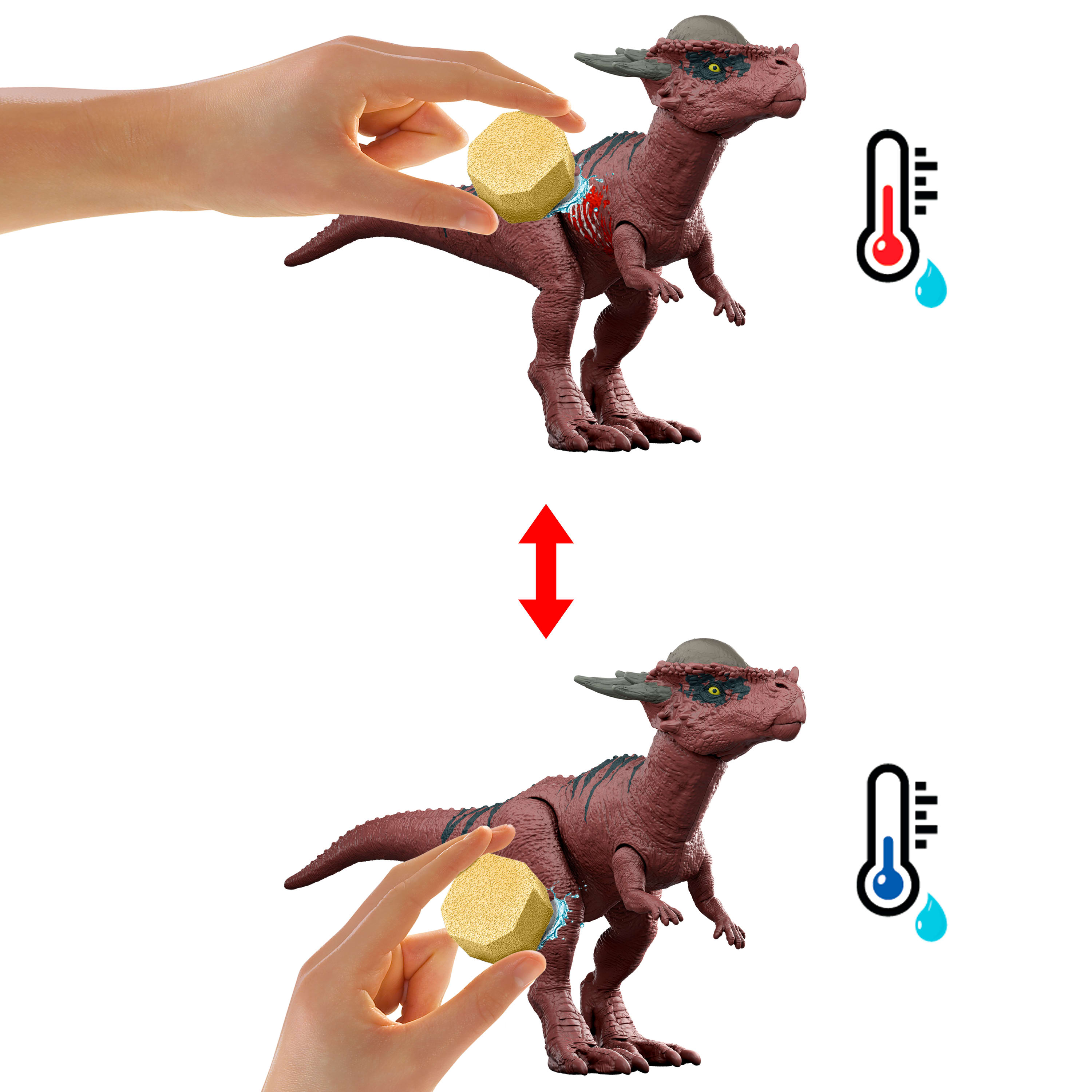 Dinosaurio de juguete con efecto de cambio de color. Una mano sostiene una pieza amarilla.
