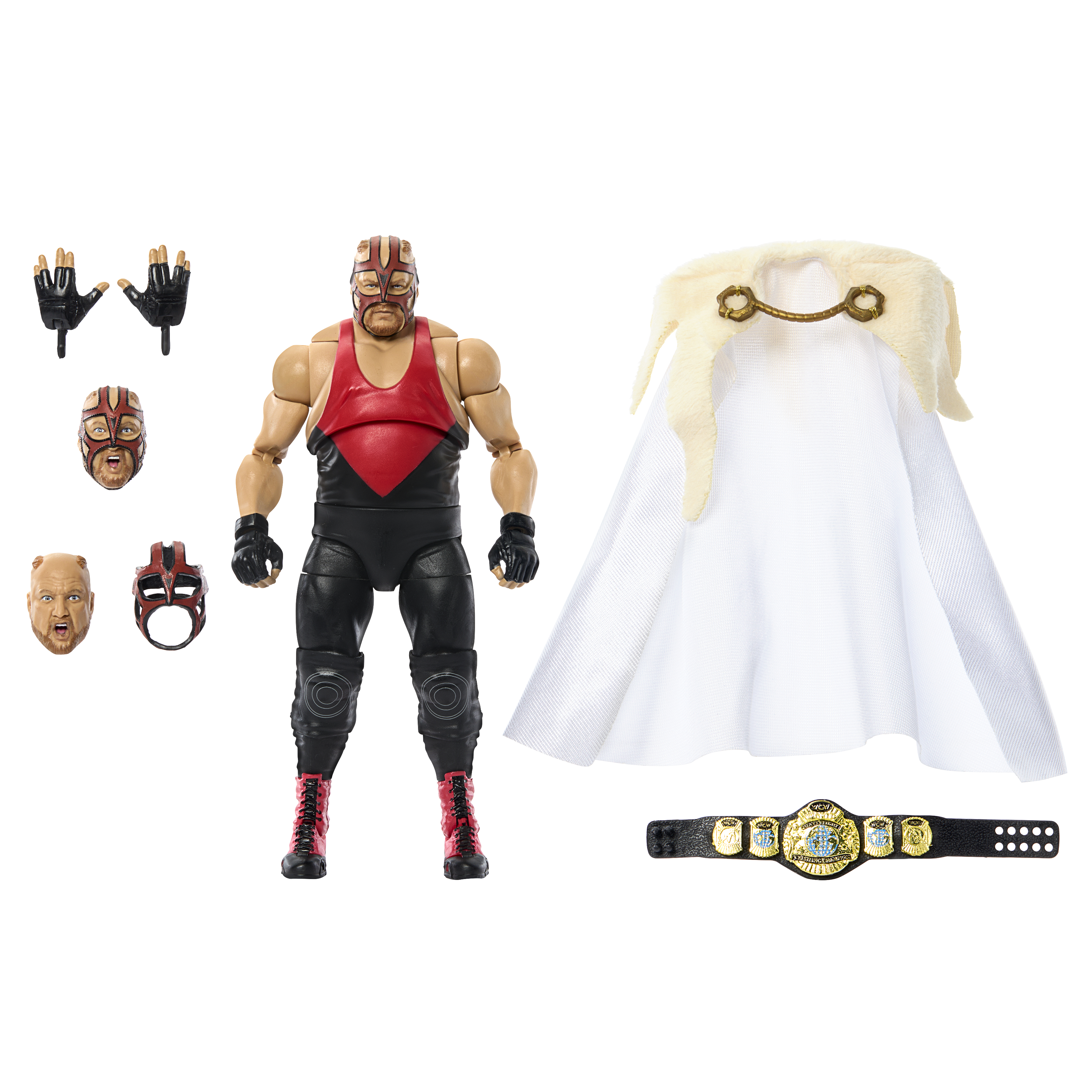 Action figure di wrestling con teste, mani intercambiabili e un mantello bianco con chiusura dorata.