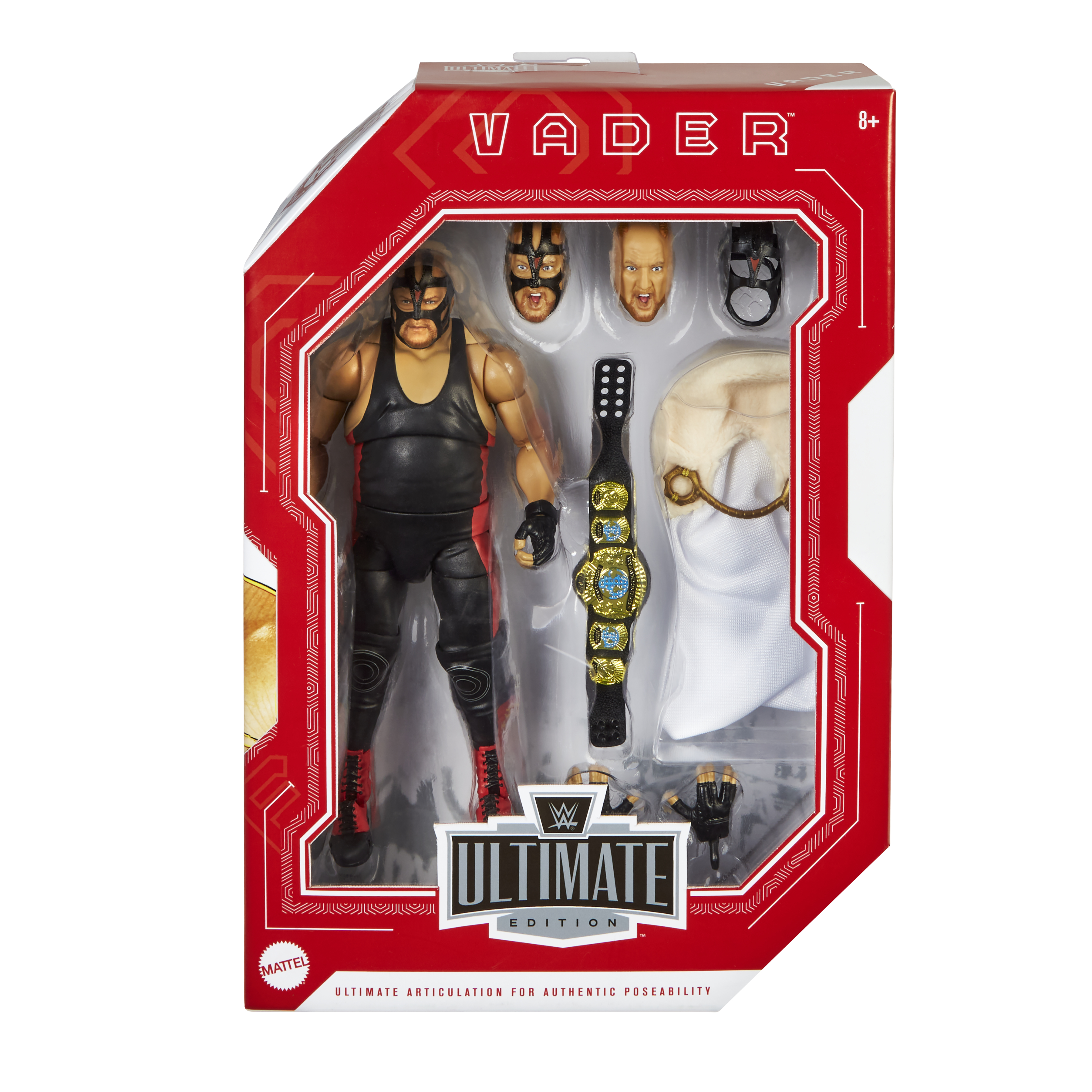 Un action figure di Vader in una scatola, con accessori. La scatola è rossa, nera e bianca.
