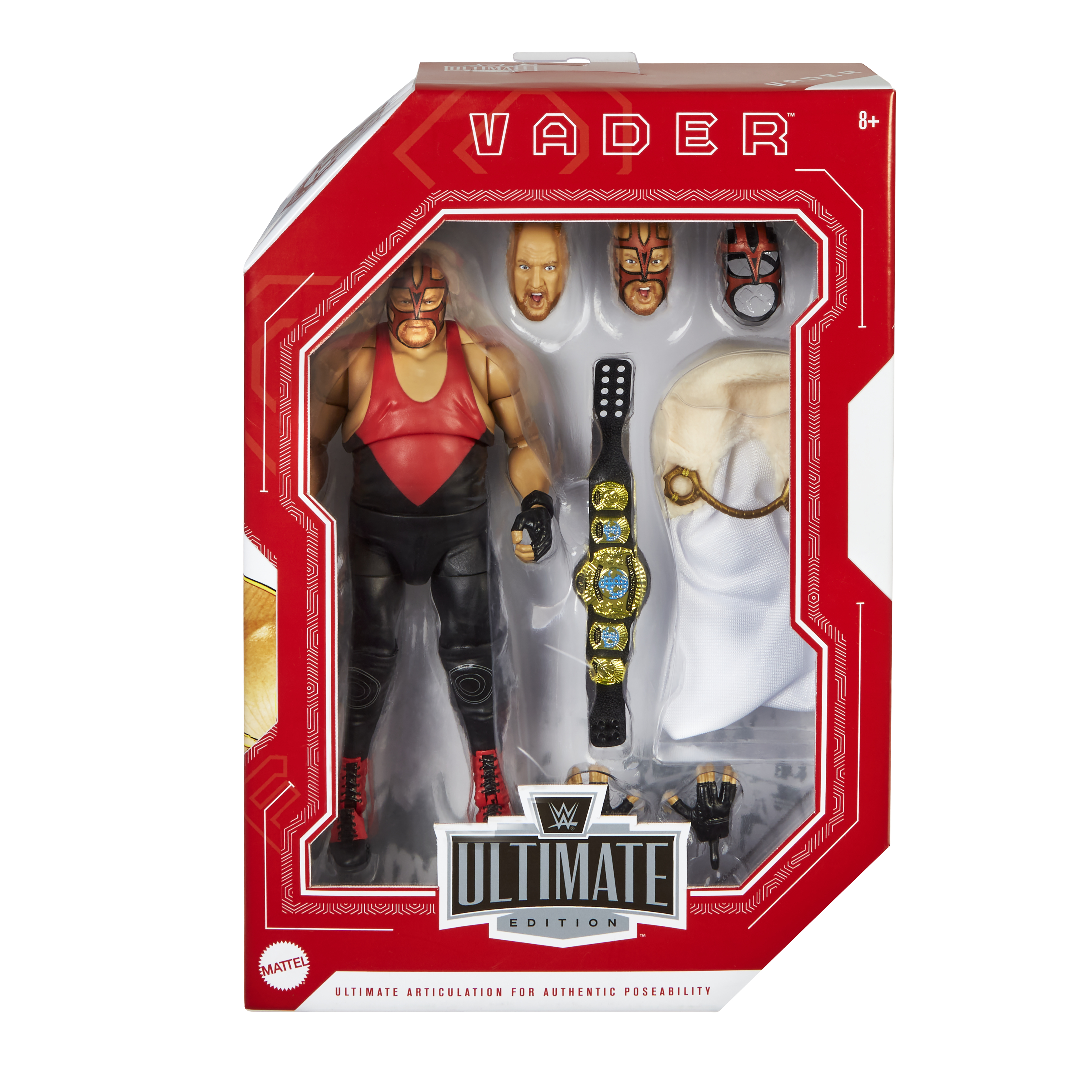 Action figure di Vader in una scatola con teste, cintura, mantello e accessori. Scatola rossa.