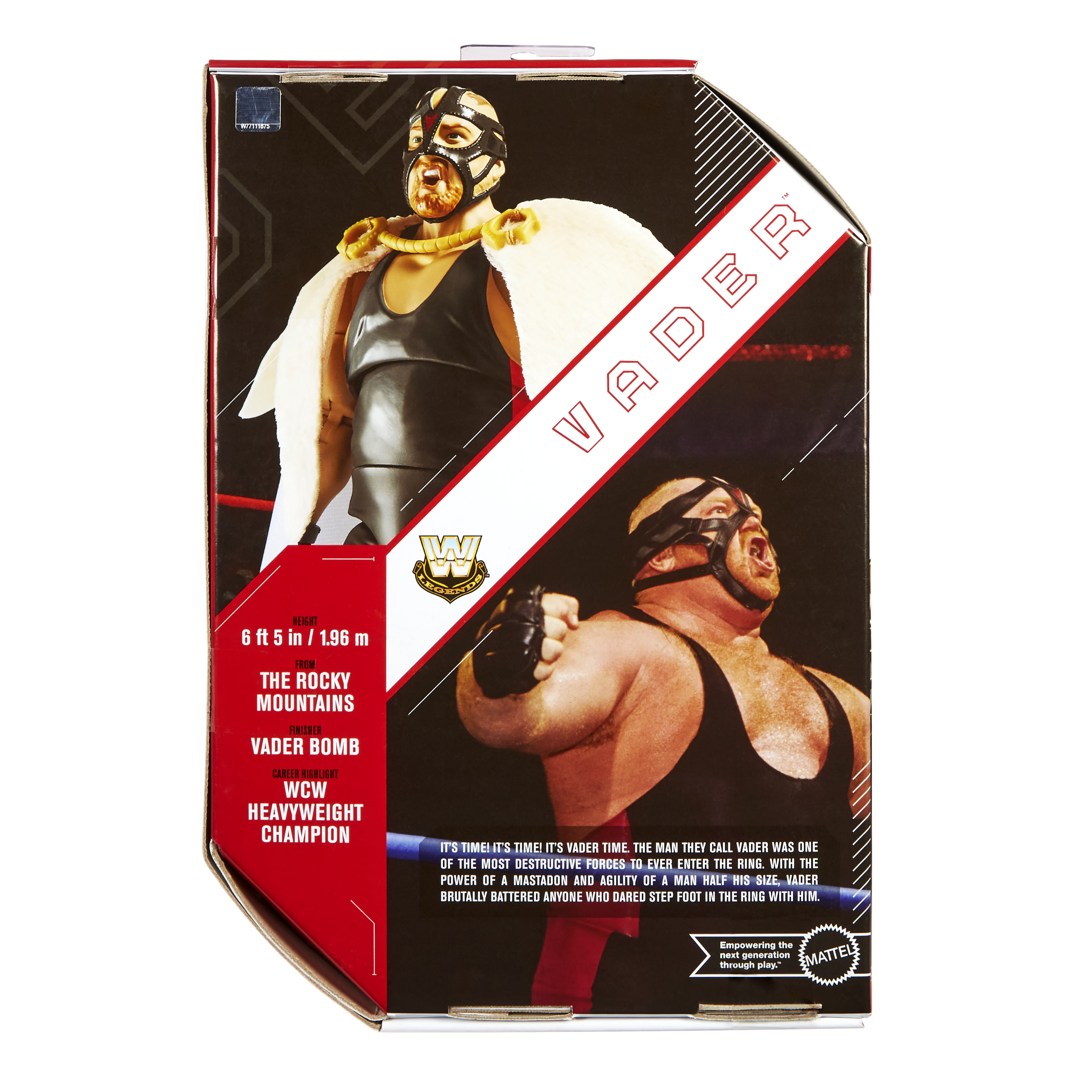Action figure di Vader su una scatola. La scatola ha testo, una foto di Vader e il logo WWF.