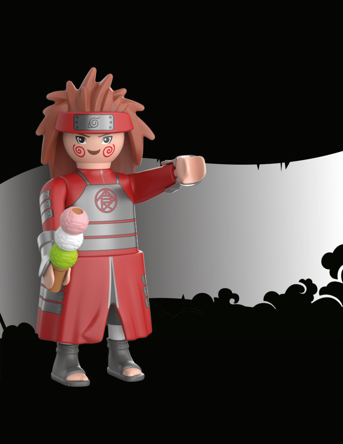 Figurka Playmobil Naruto Choji w czerwonym stroju i lodami. Czarne tło z chmurami.