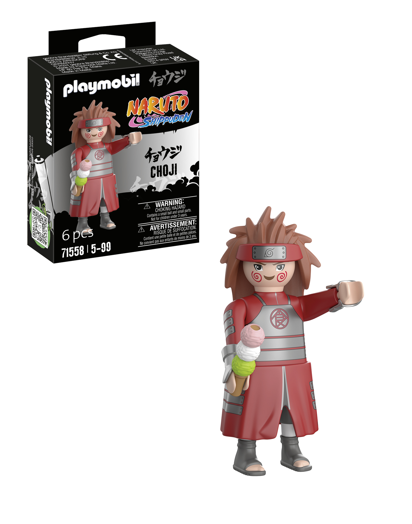 Figurka Playmobil Choji z Naruto, trzymająca lody, z opakowaniem w tle.