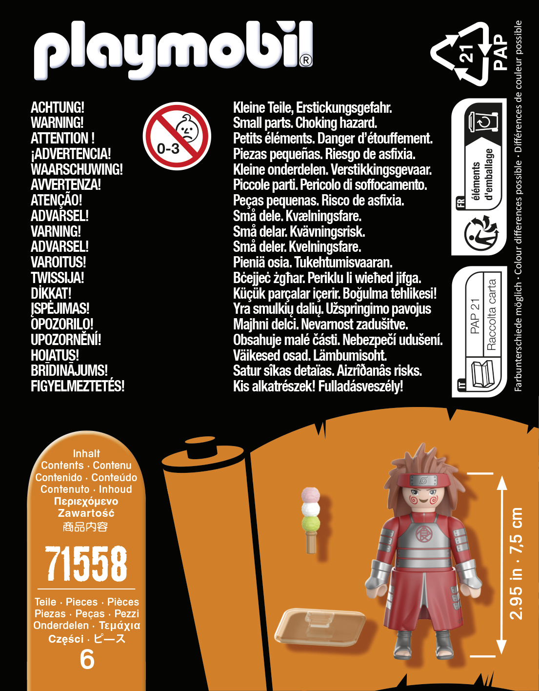 Figurka Playmobil Naruto Choji i akcesoria. Szczegóły opakowania i tekst ostrzeżenia.