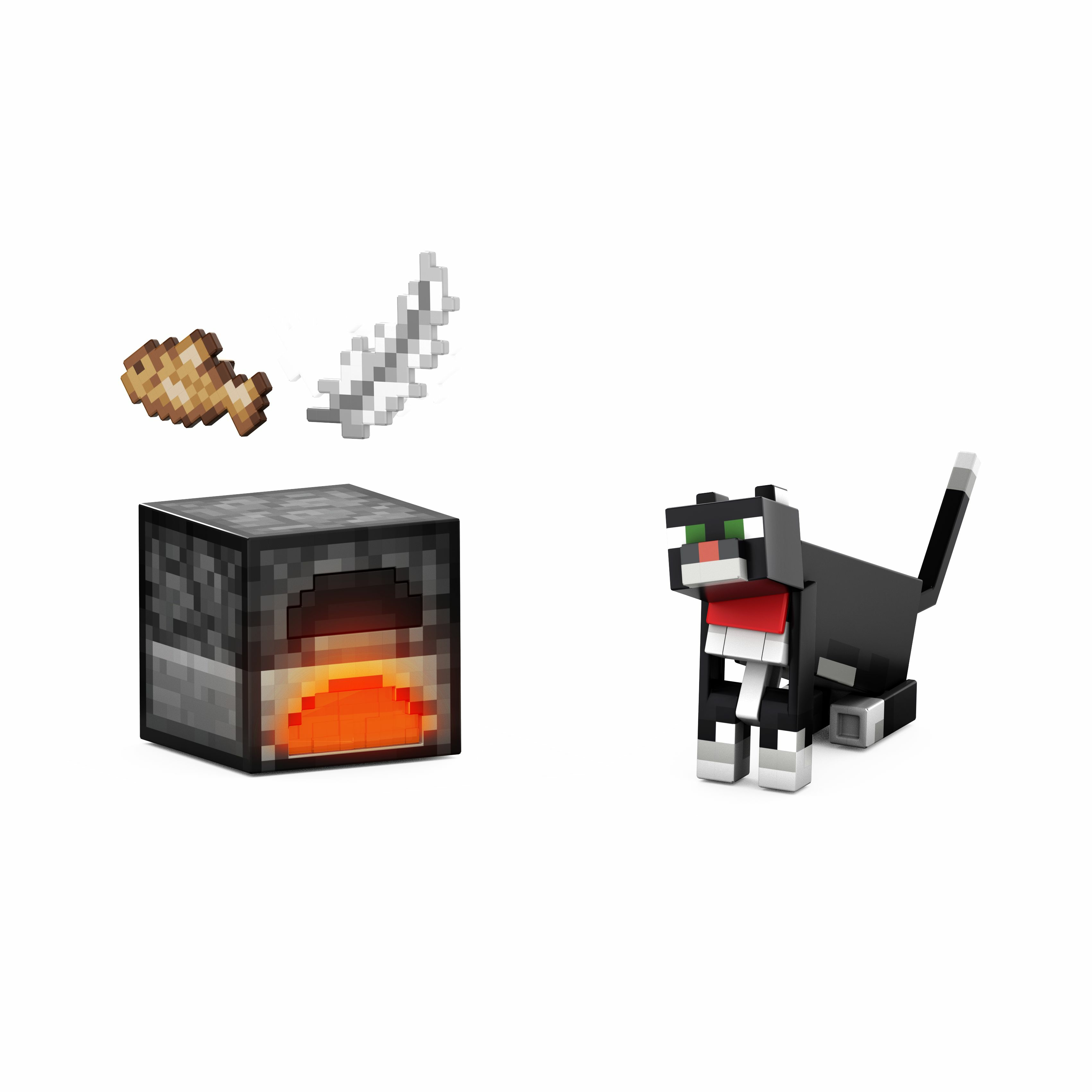 Zabawki Minecraft: piec, ość rybna, pióro i czarno-biała zabawka kota.