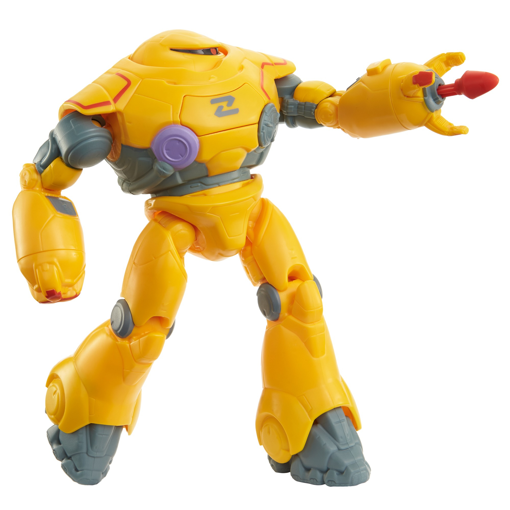 Un giocattolo robot giallo. Ha dettagli grigi e un pezzo di petto viola. Un braccio è esteso con un proiettile rosso.