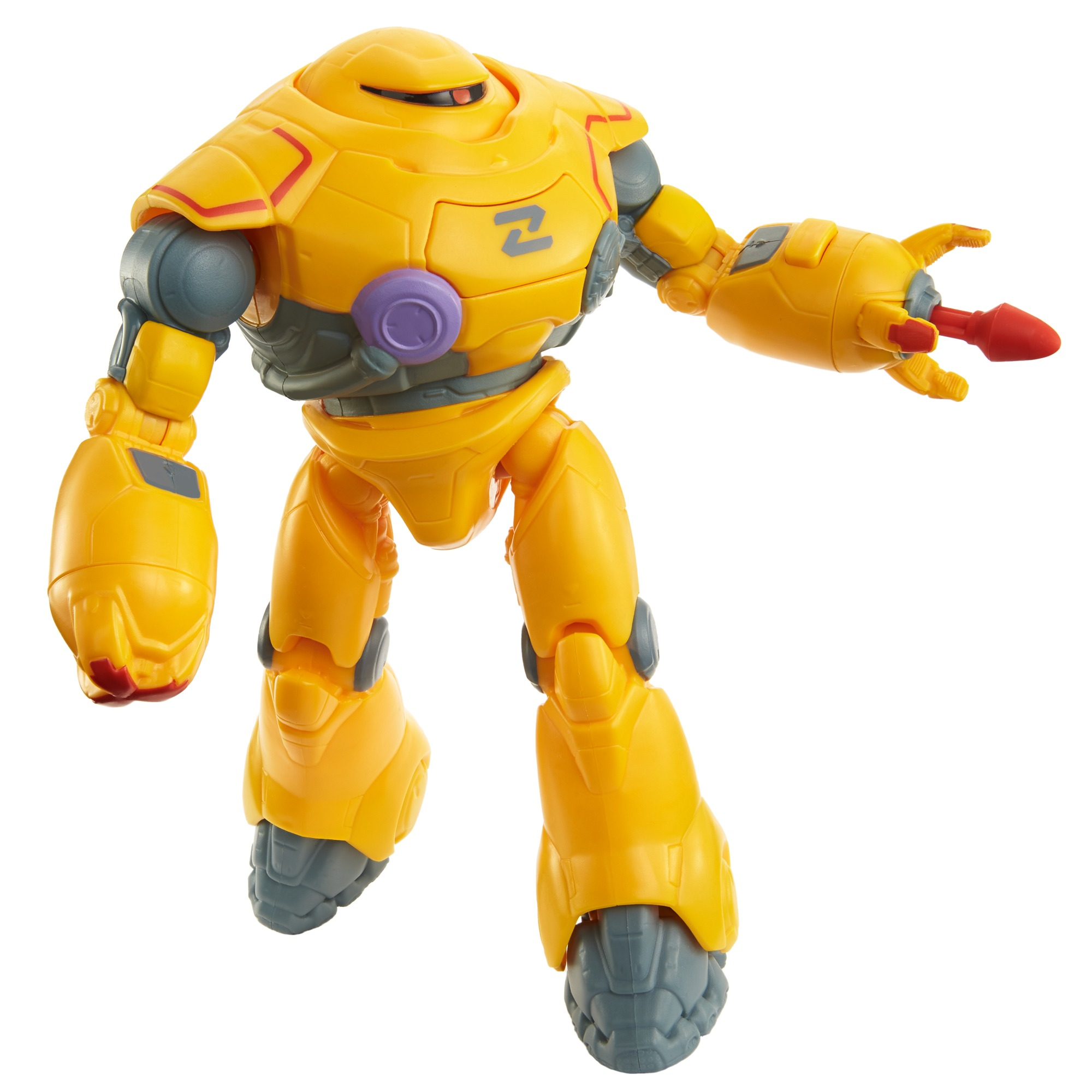Giocattolo robot giallo con un pulsante viola e un proiettile rosso. È in posa in avanti.