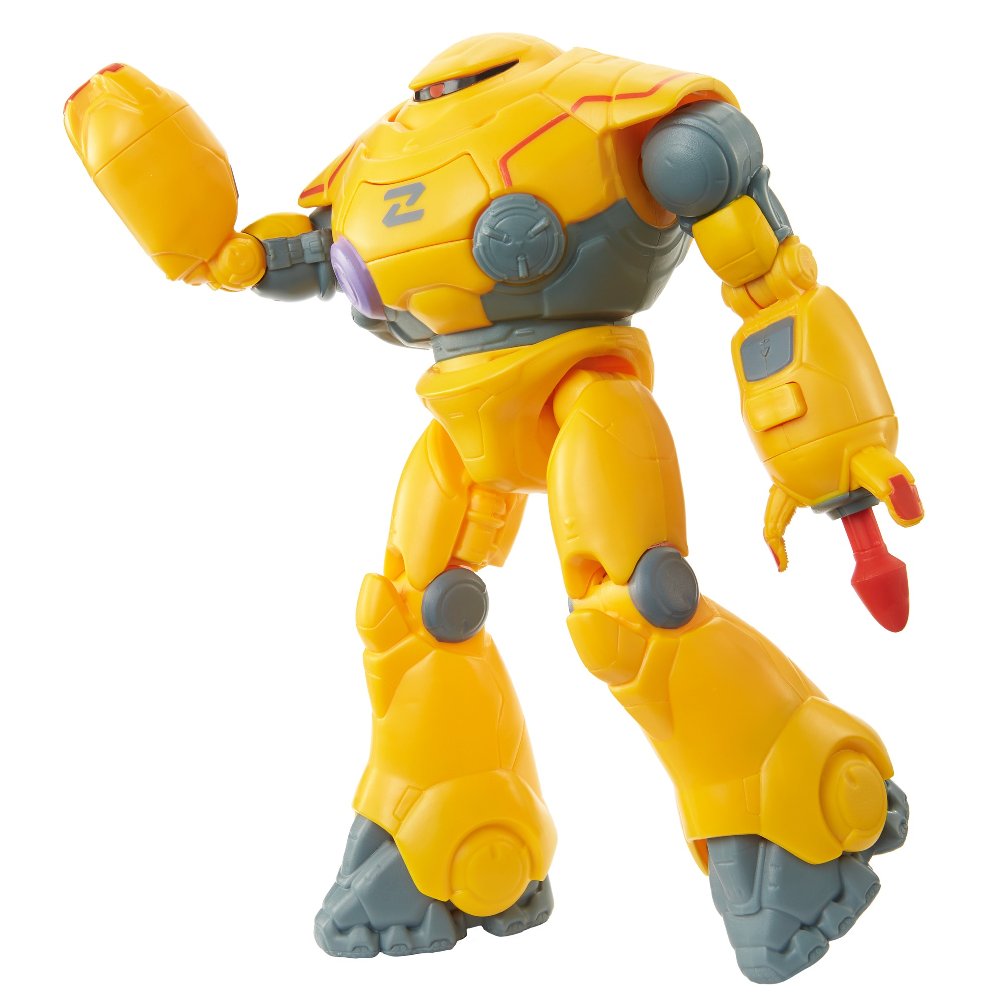 Giocattolo robot giallo con dettagli rossi. È in posa dinamica con una Z sul petto.