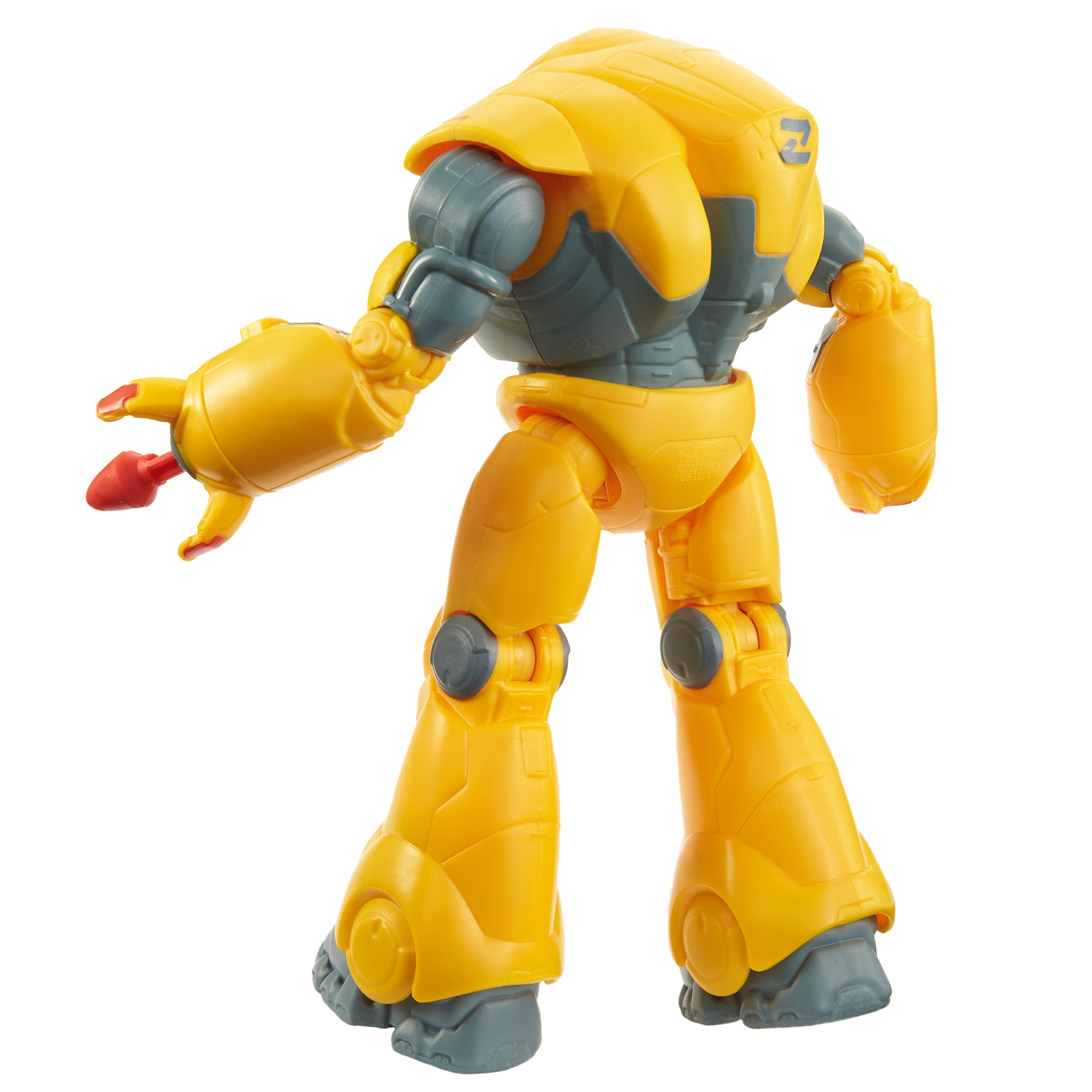 Un giocattolo robot giallo. Ha dettagli grigi e un pezzo di petto viola. La schiena del robot è visibile.